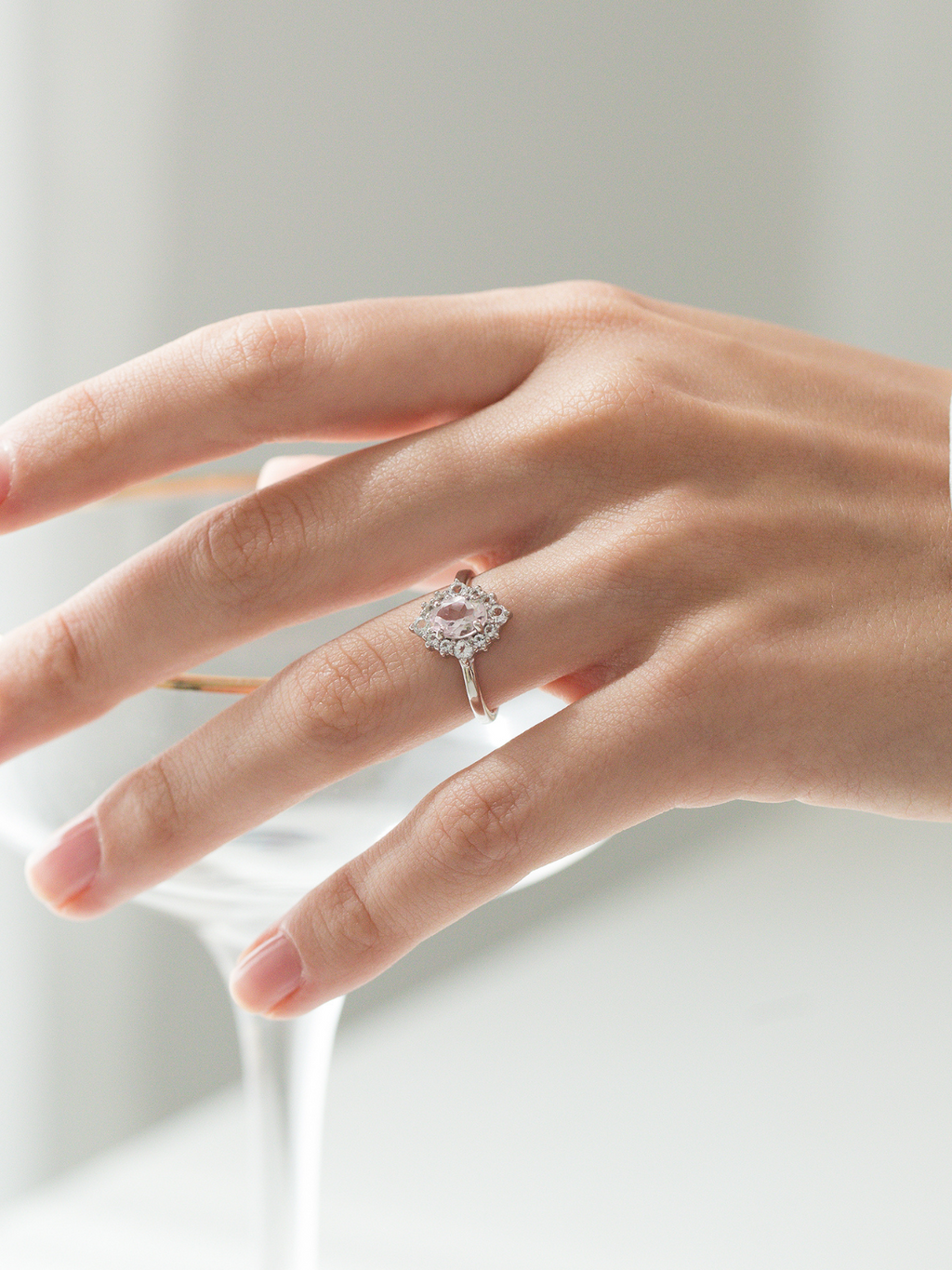 Pink Morganite Halo Ring in Sterling Silver