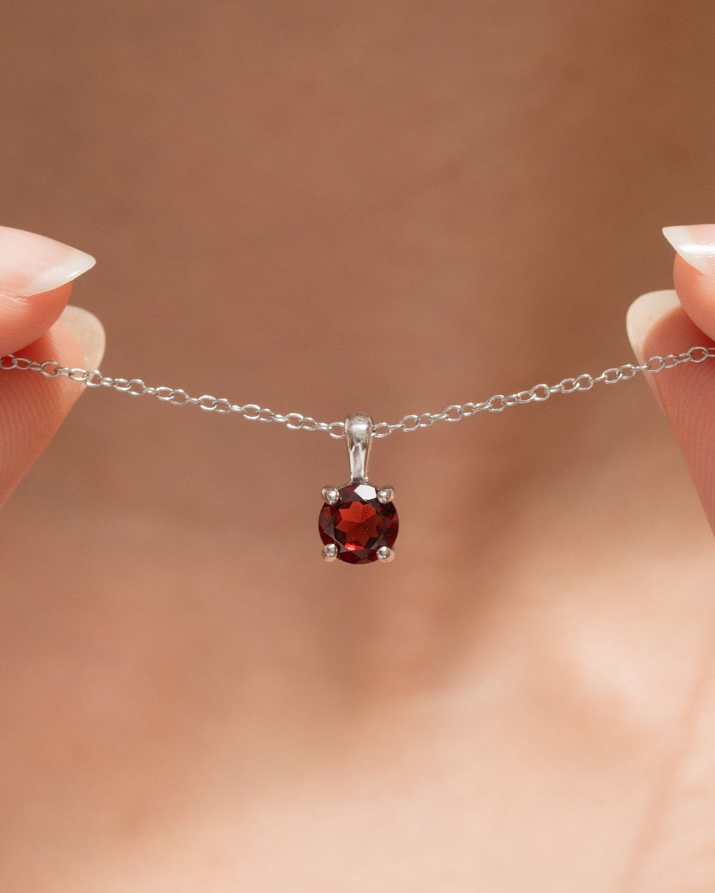 Garnet Solitaire Pendant Necklace in Sterling Silver