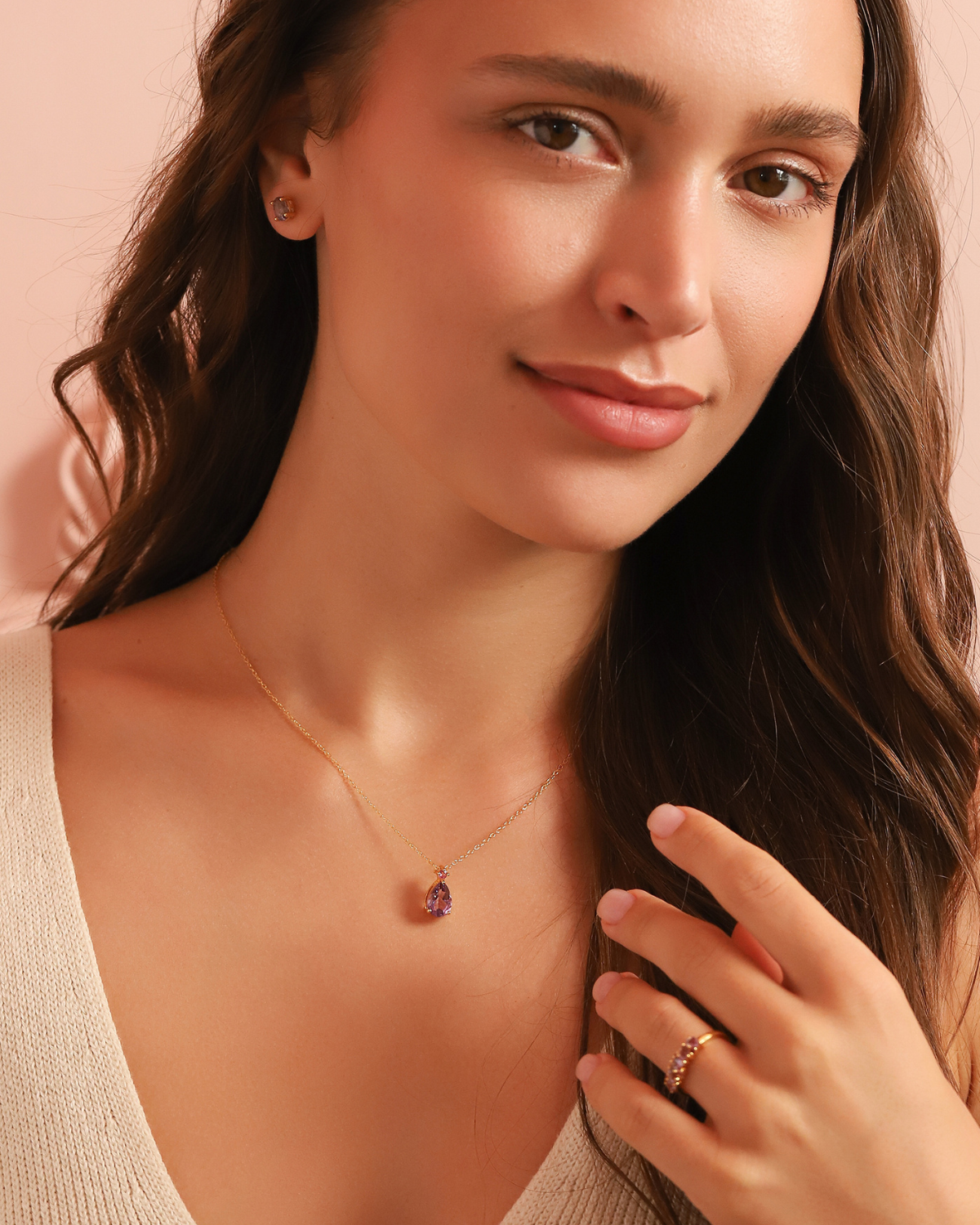 Pink Ruby & Amethyst Pear Cut Pendant Necklace in 18k Gold Vermeil