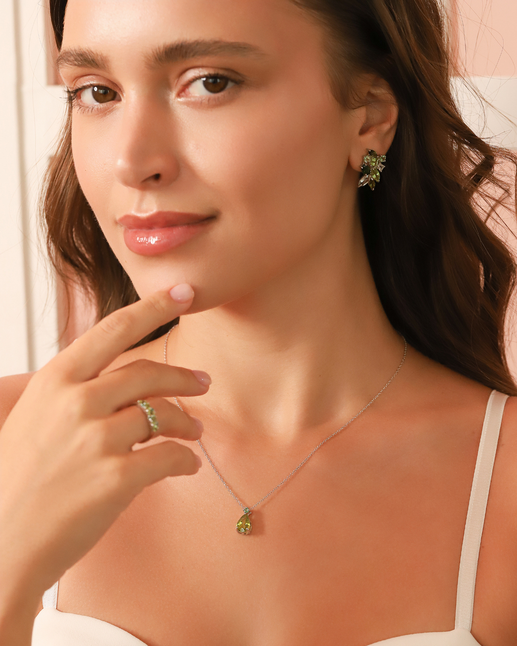 Emerald & Peridot Pear Cut Pendant Necklace in Sterling Silver