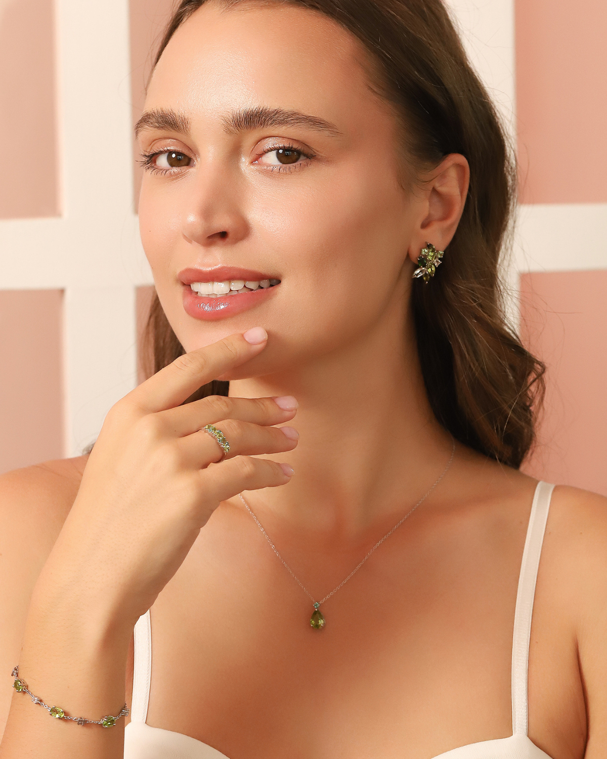 Large Green Gemstone Cluster Earrings in Sterling Silver