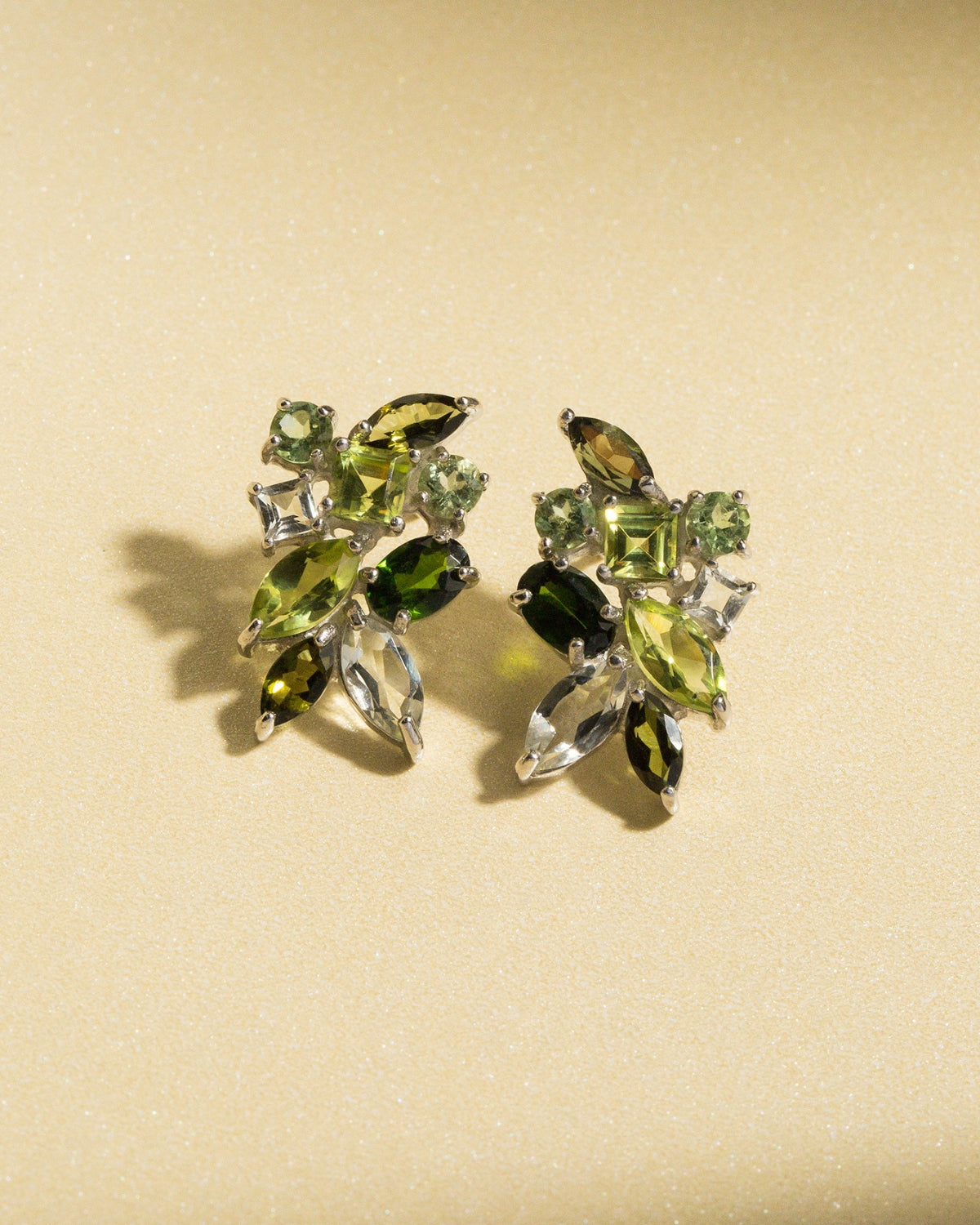Large Green Gemstone Cluster Earrings in Sterling Silver