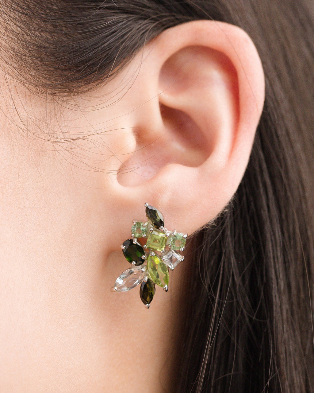 Large Green Gemstone Cluster Earrings in Sterling Silver