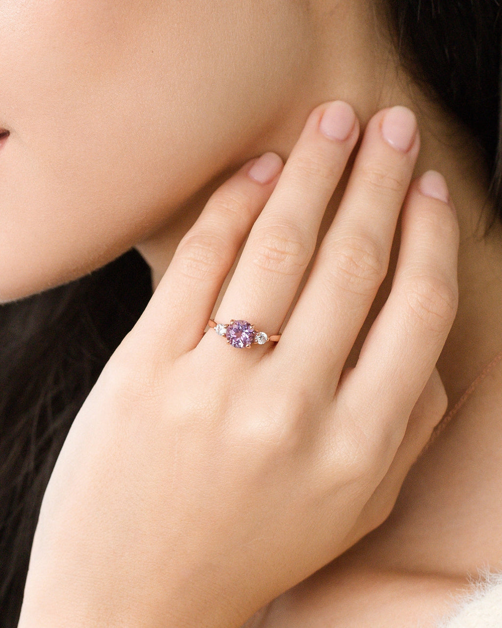 Lavender Amethyst Three Stone Ring in 18k Rose Gold Vermeil