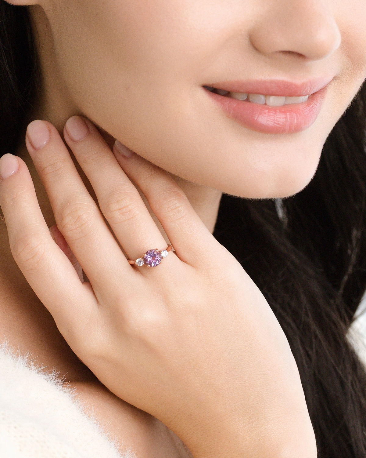 Lavender Amethyst Three Stone Ring in 18k Rose Gold Vermeil