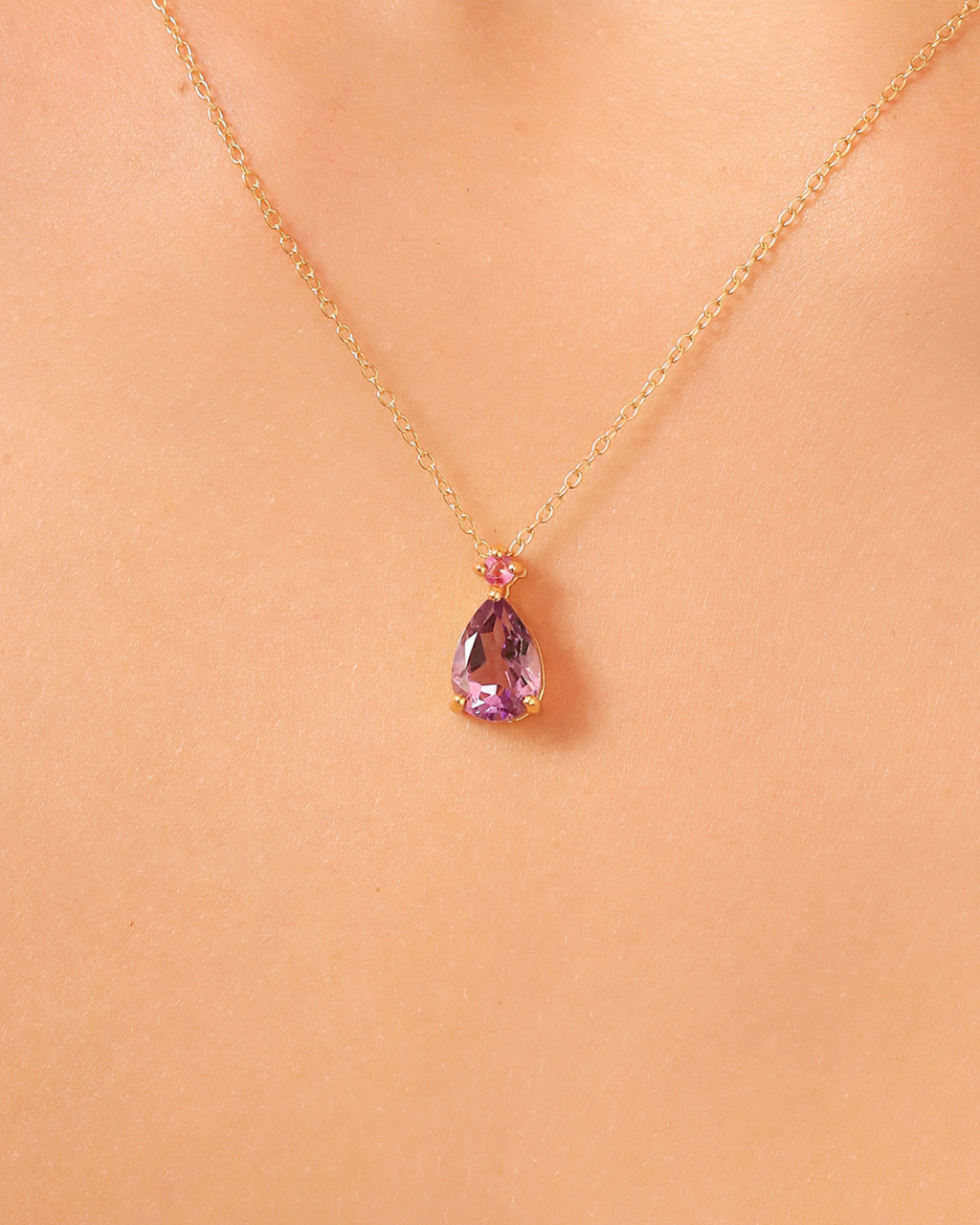 Pink Ruby & Amethyst Pear Cut Pendant Necklace in 18k Gold Vermeil