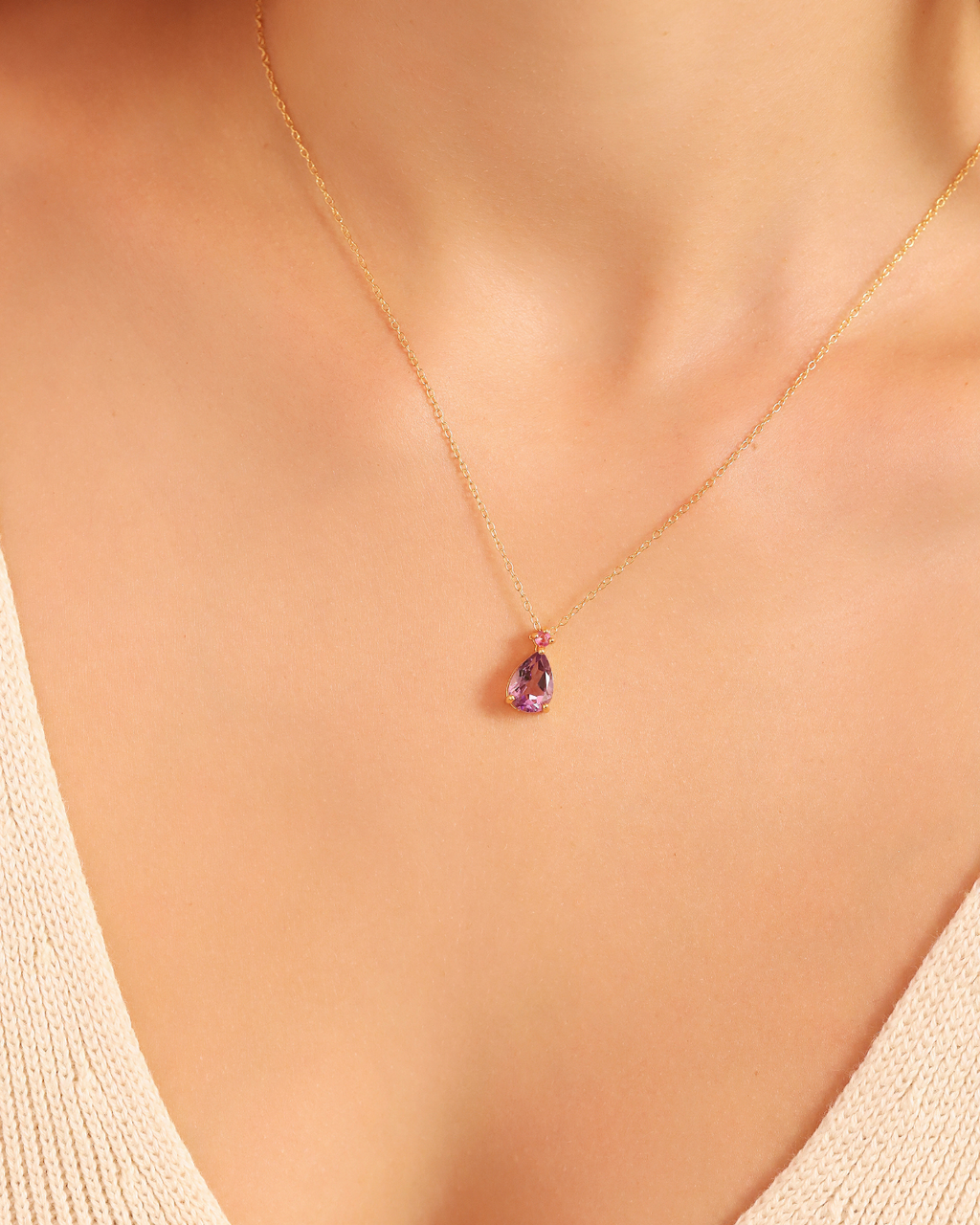 Pink Ruby & Amethyst Pear Cut Pendant Necklace in 18k Gold Vermeil
