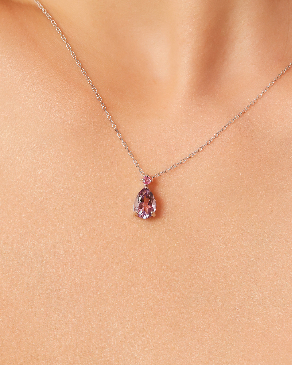 Pink Ruby & Amethyst Pear Cut Pendant Necklace in Sterling Silver