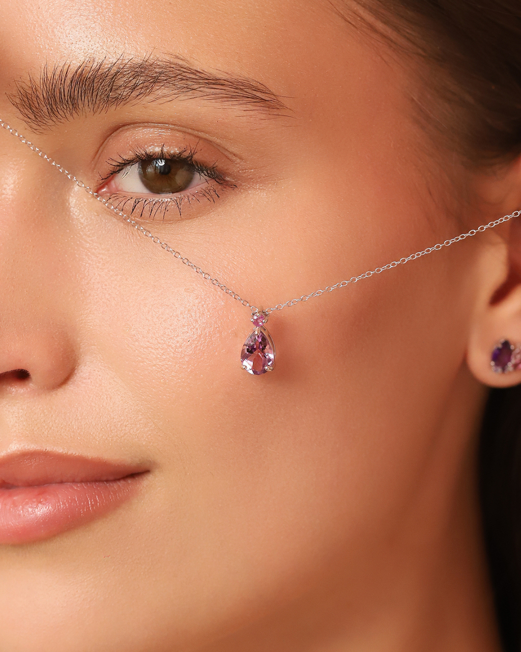 Pink Ruby & Amethyst Pear Cut Pendant Necklace in Sterling Silver