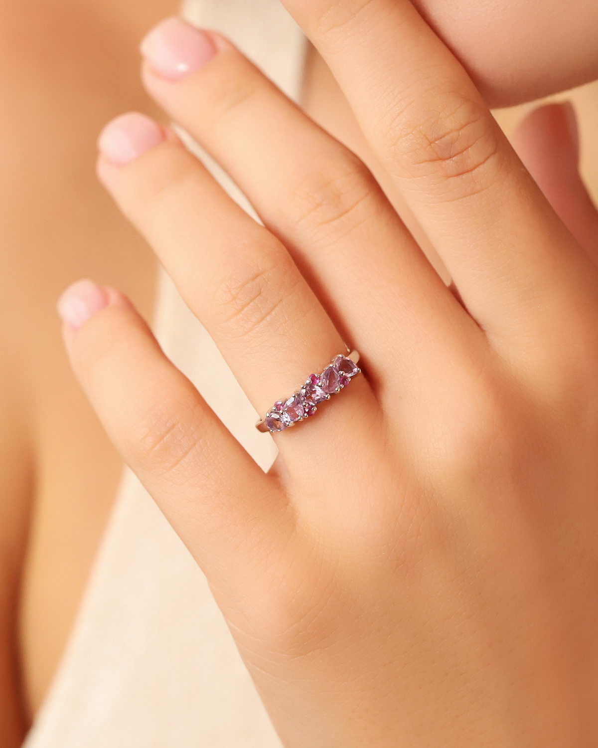 Pink Ruby & Amethyst Pear Cut Half Eternity Band in Sterling Silver