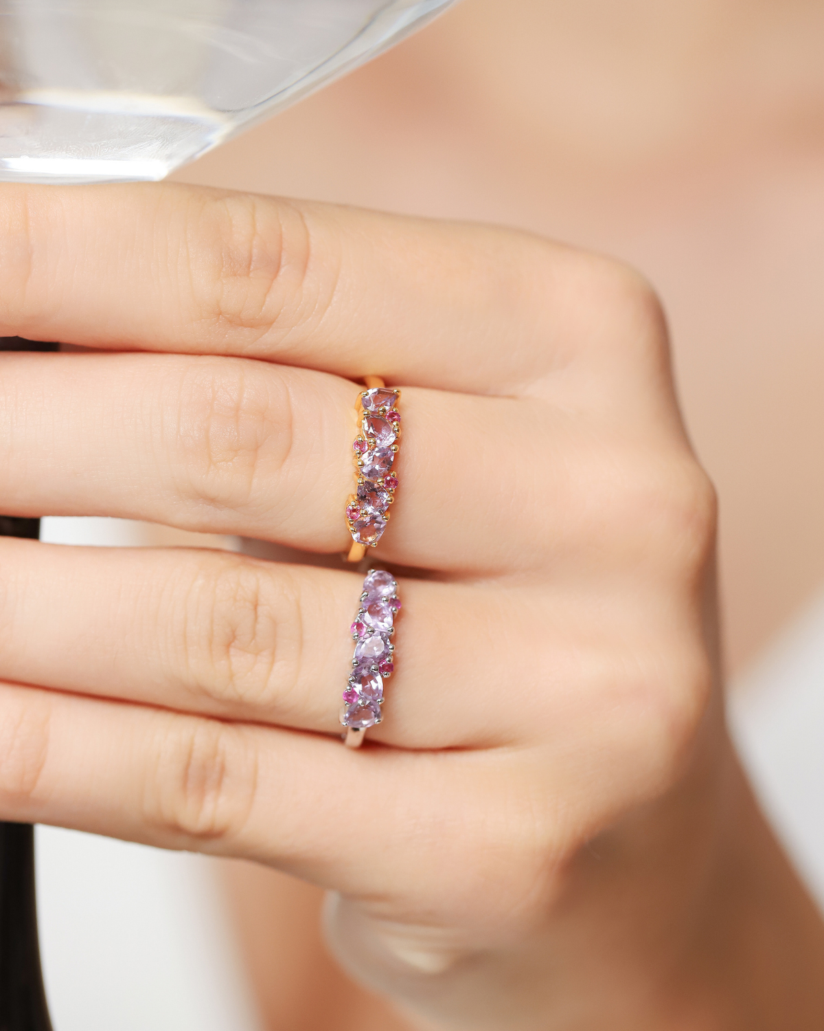 Pink Ruby & Amethyst Pear Cut Half Eternity Band in Sterling Silver