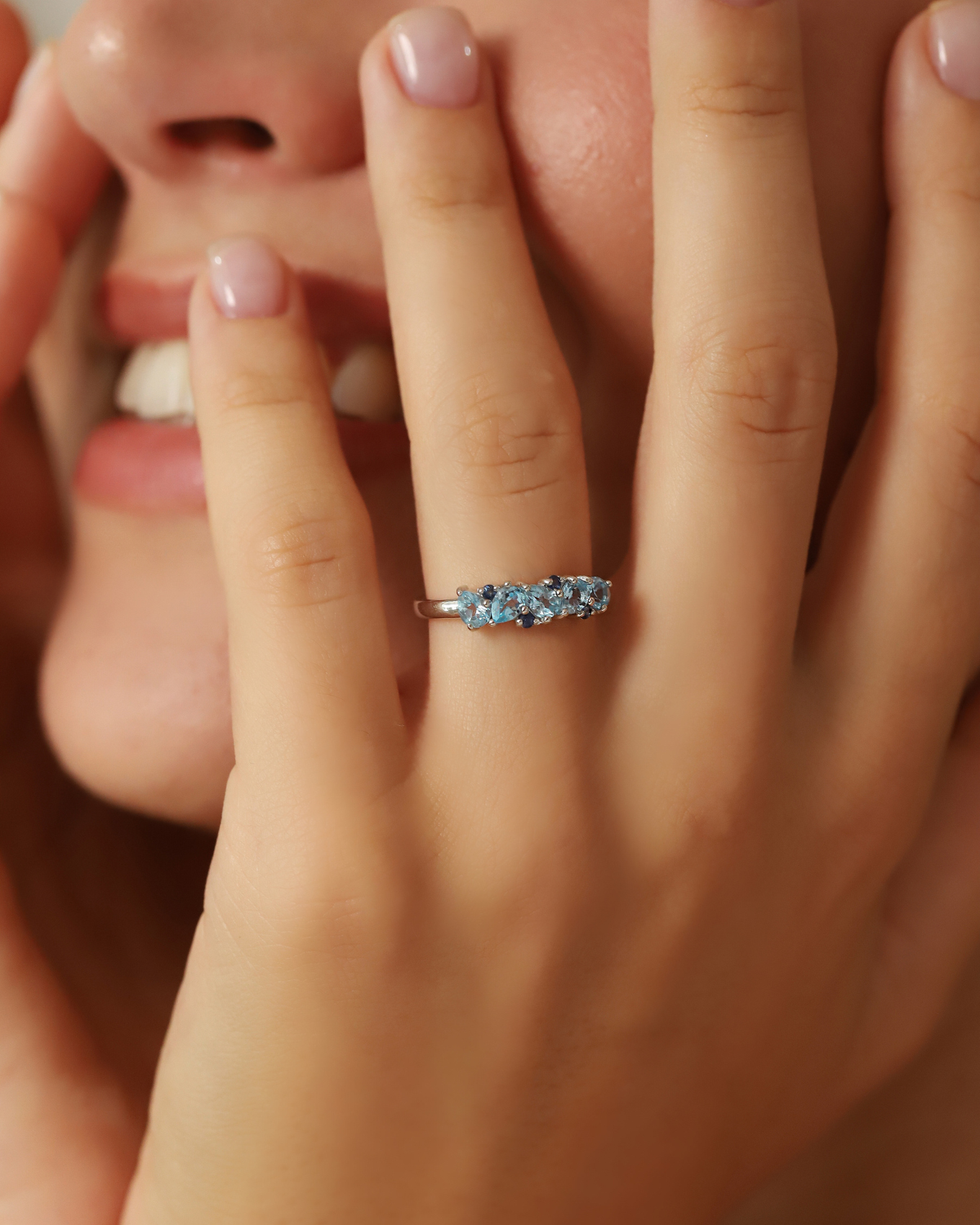Blue Sapphire & Blue Topaz Pear Cut Half Eternity Band in Sterling Silver