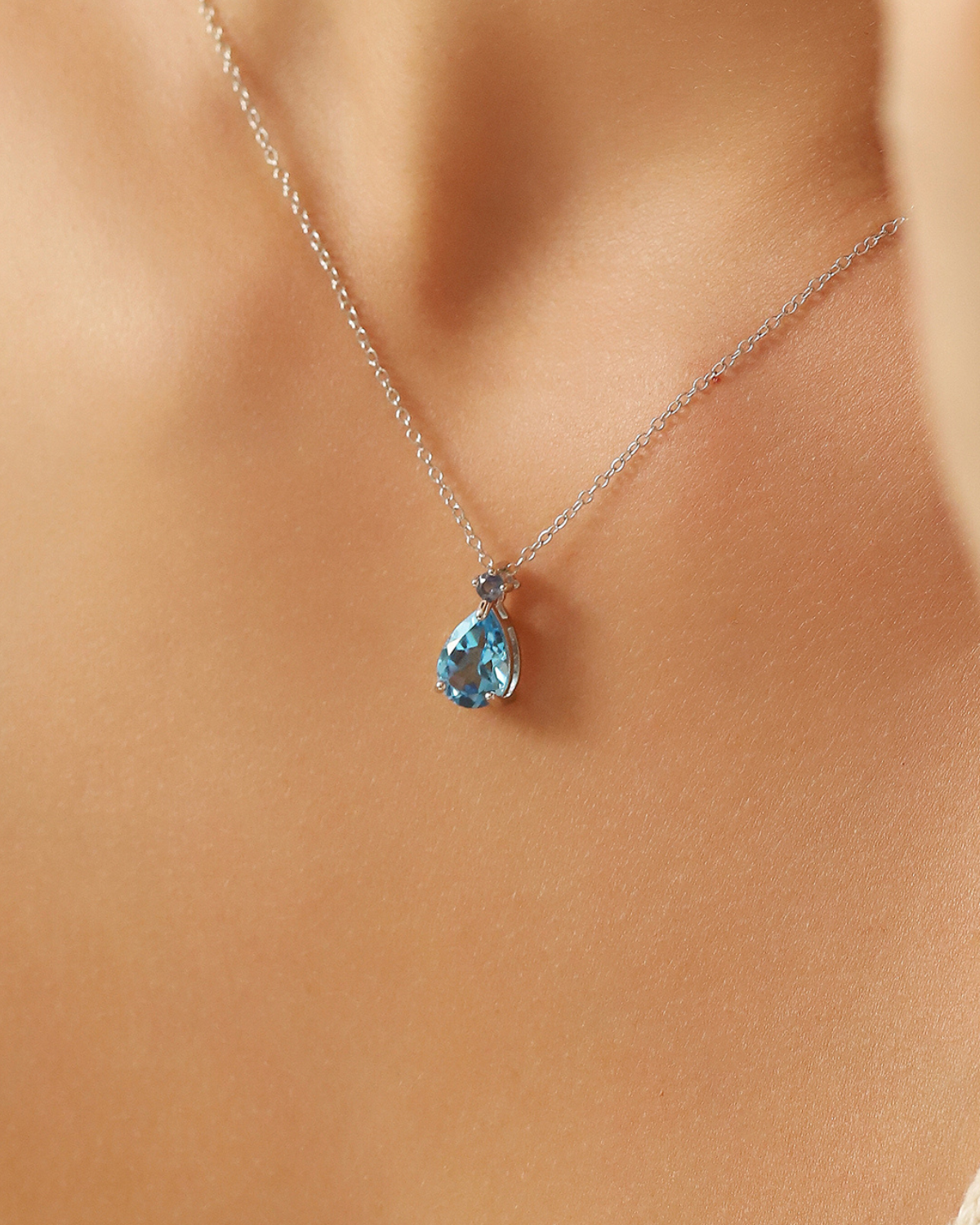 Blue Sapphire & Blue Topaz Pear Cut Pendant Necklace in Sterling Silver