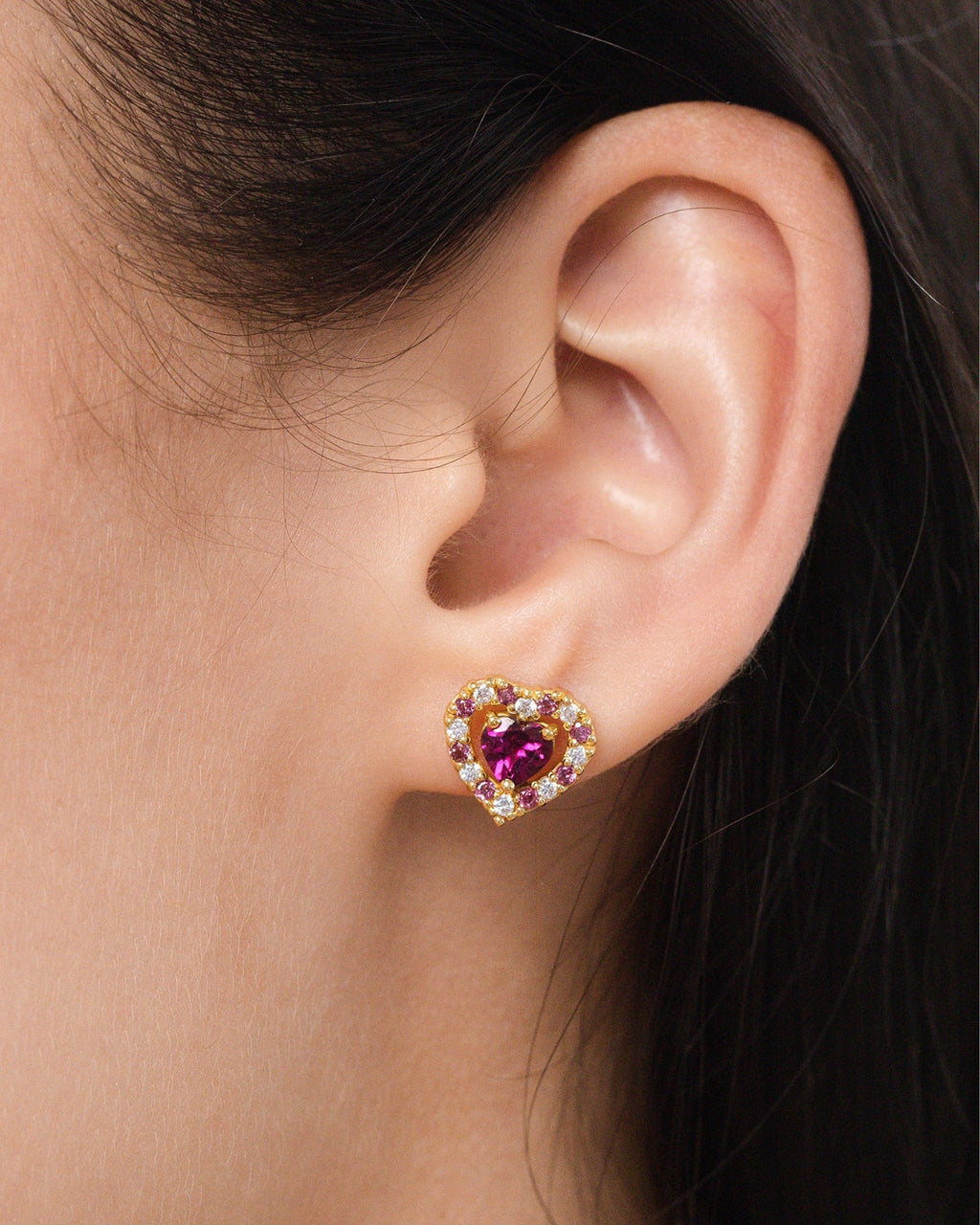 Red Heart Rhodolite Garnet Stud Earrings in 18k Gold Vermeil