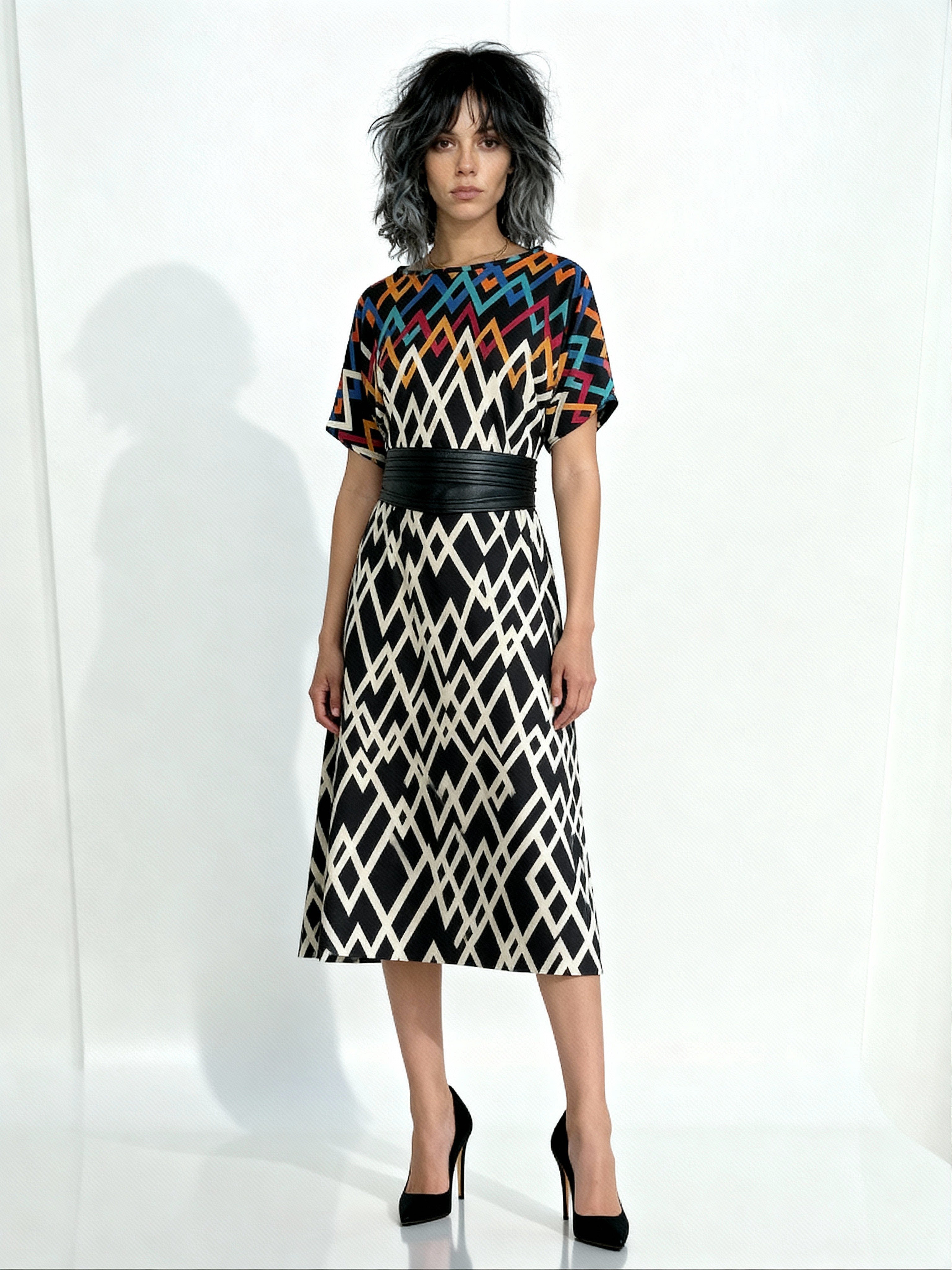 Stunning Original Vintage 1980's Virginie Paris Geometric Print Dress UK 8 - 12