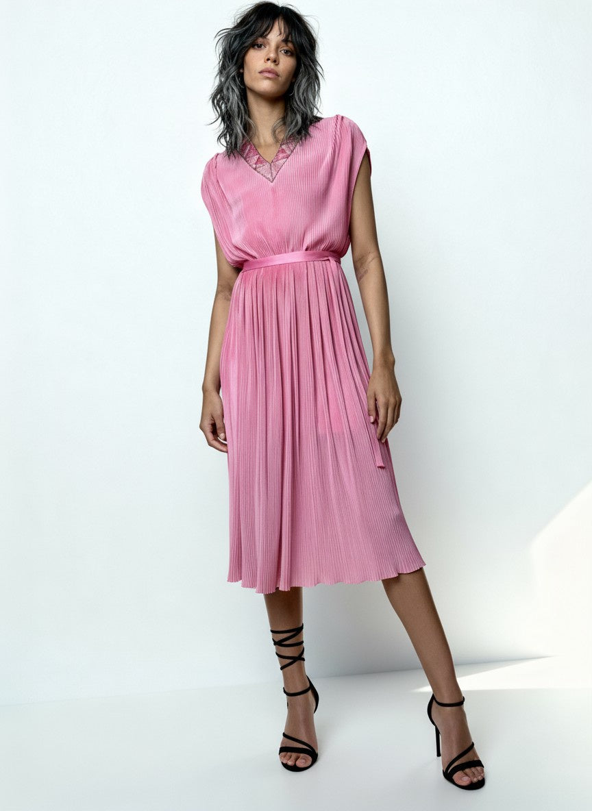 Original 1970's Vintage Bright Pink Lightly Pleated Dress