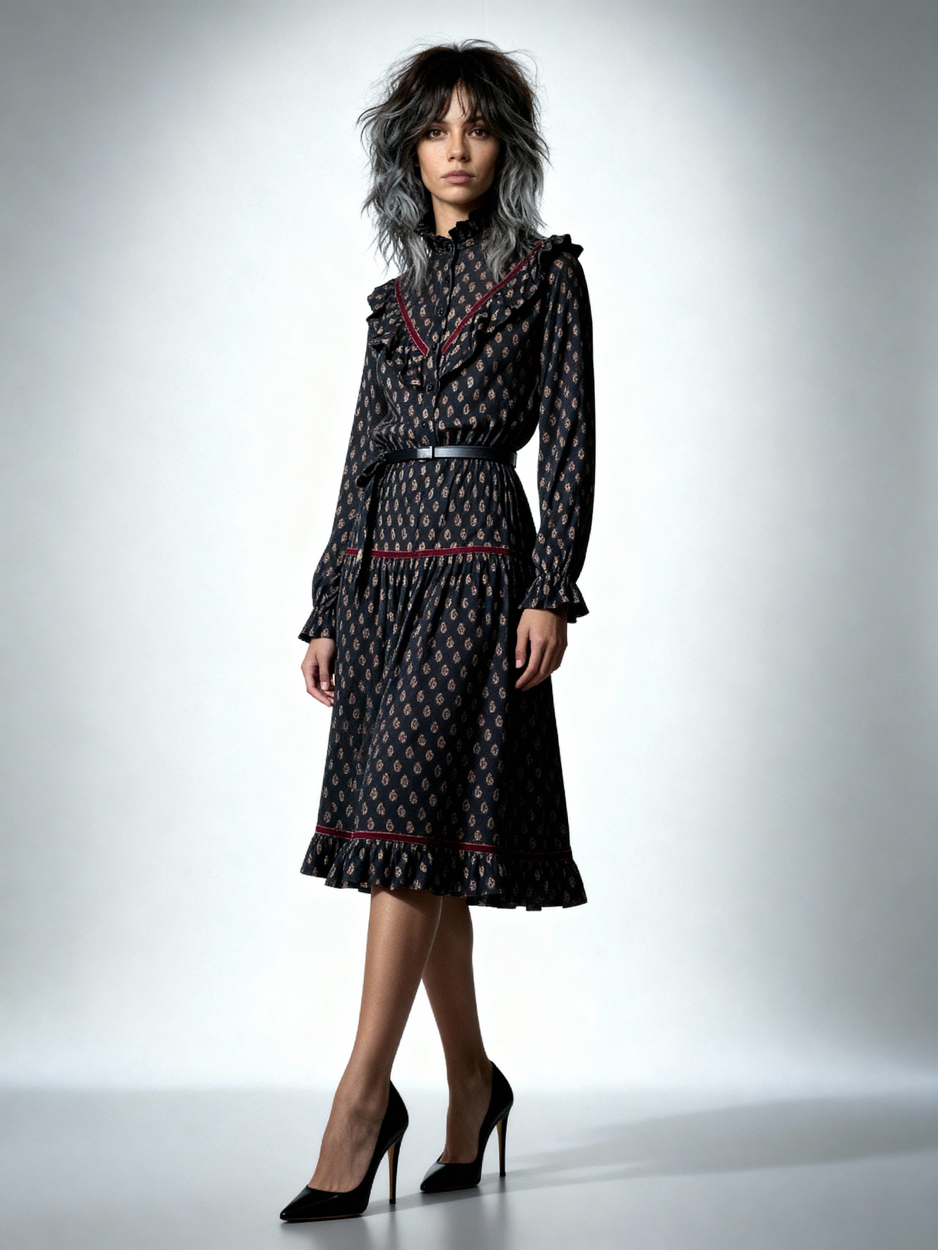 Original 1980's Vintage Paisley Print & Velvet Trim Black Dress UK 8 - 10