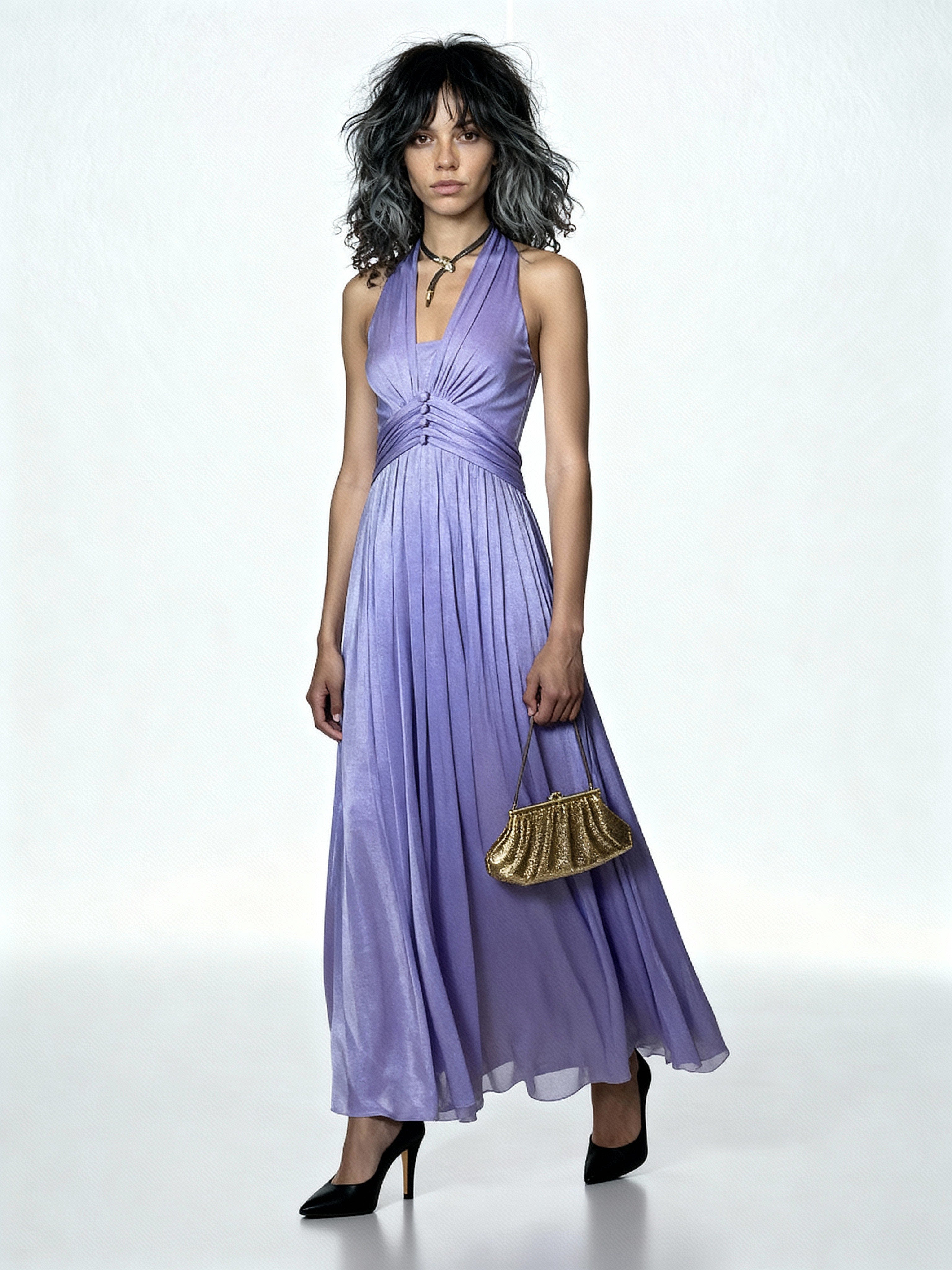 Gorgeous Original 1970's Vintage Purple Halter Neck Maxi Dress UK 8 - 10