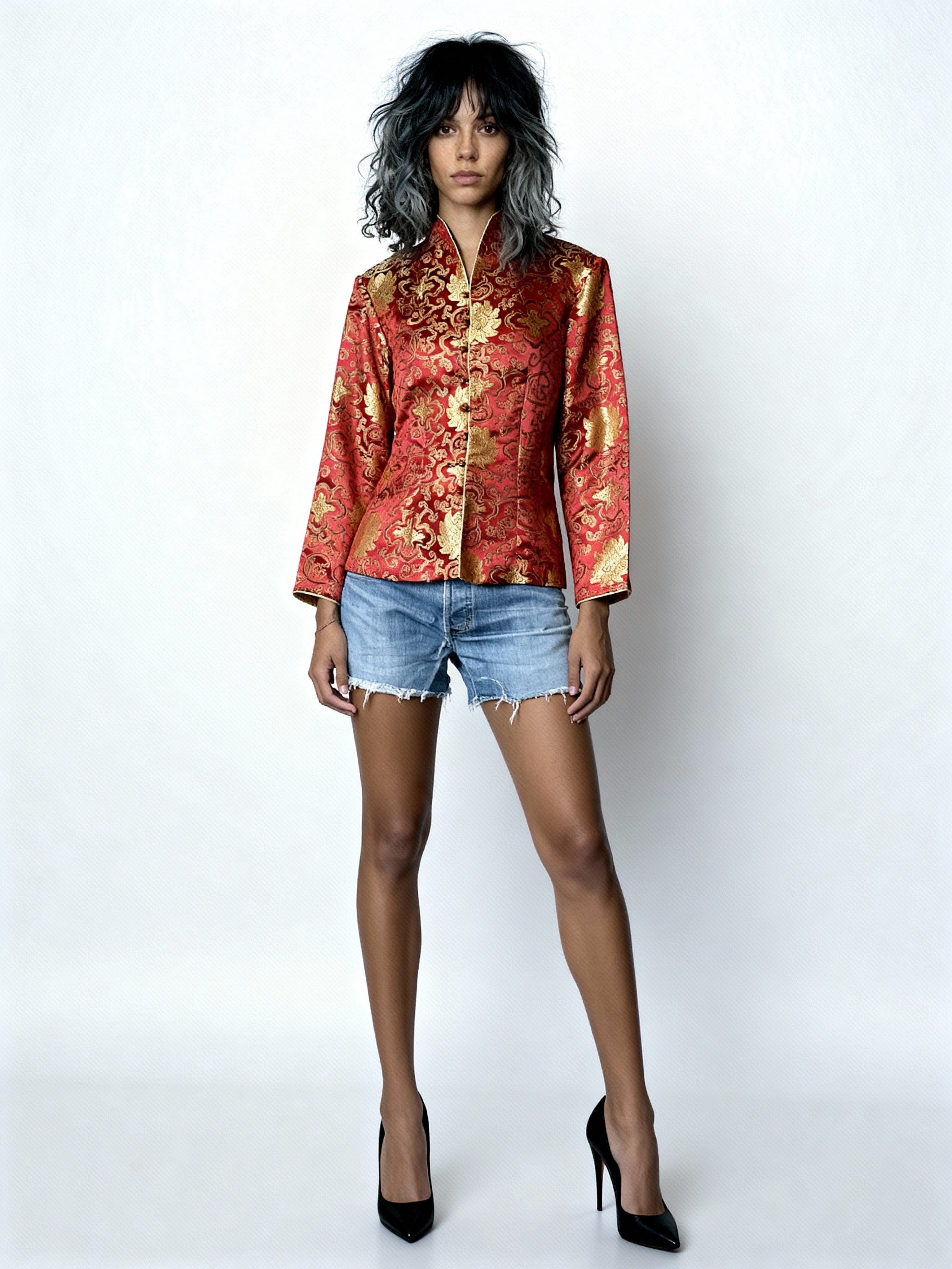 Original Vintage Oriental Red & Gold Floral Print Satin Jacket UK 8 - 12