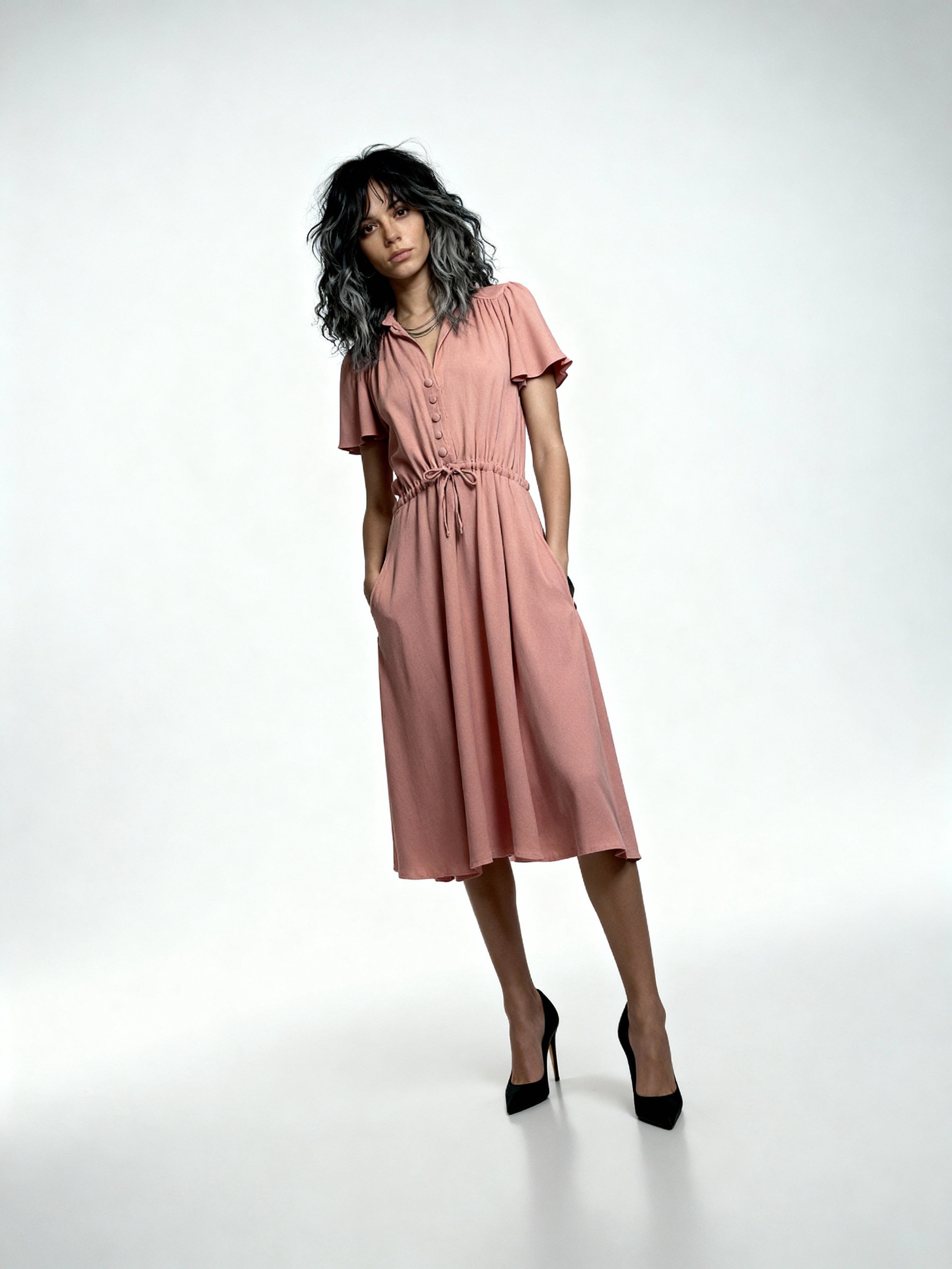 Vintage Peach Dusty Pink 1970's Radley Moss Crepe Tea Dress UK Size 12 - 14