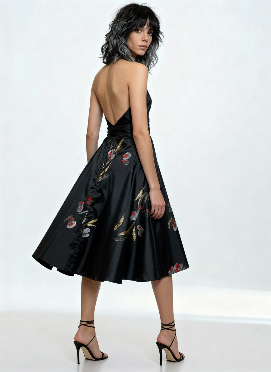 Original Vintage 1970's Black & Hand Painted Floral Print Cocktail Dress