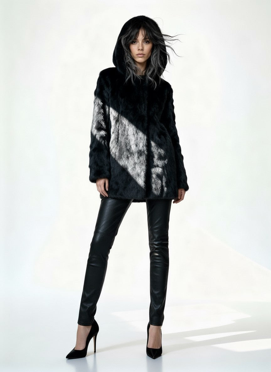 Original 1970's Vintage Black Fur Hooded Coat UK 8 - 12