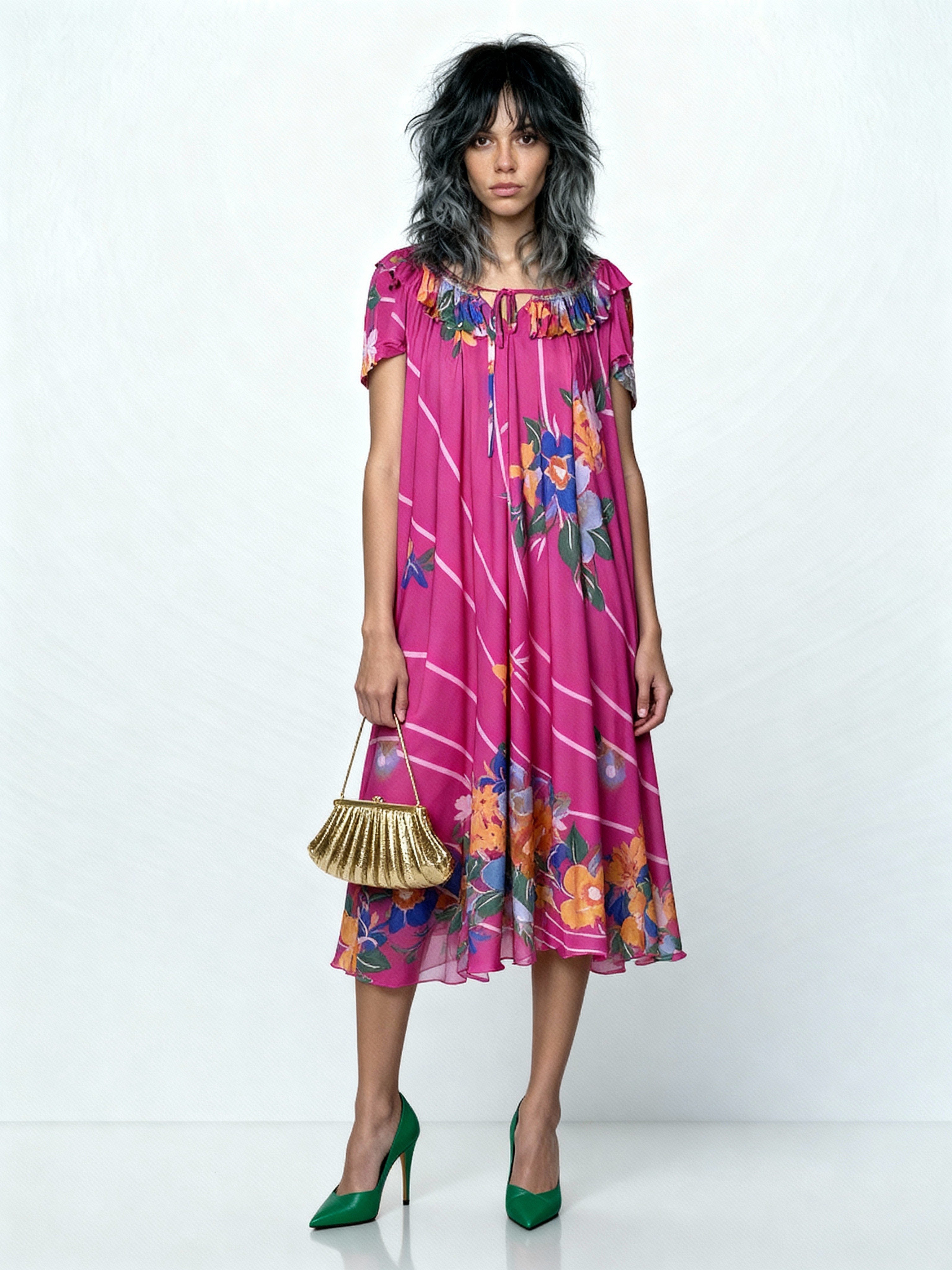 Original 1970's Vintage Bright Pink Floral Dress UK 8 - 12