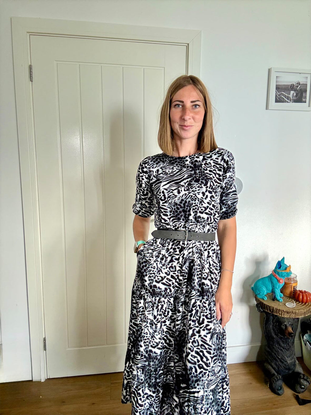 The Midi Breastfeeding Dress - Grey Leopard Cotton