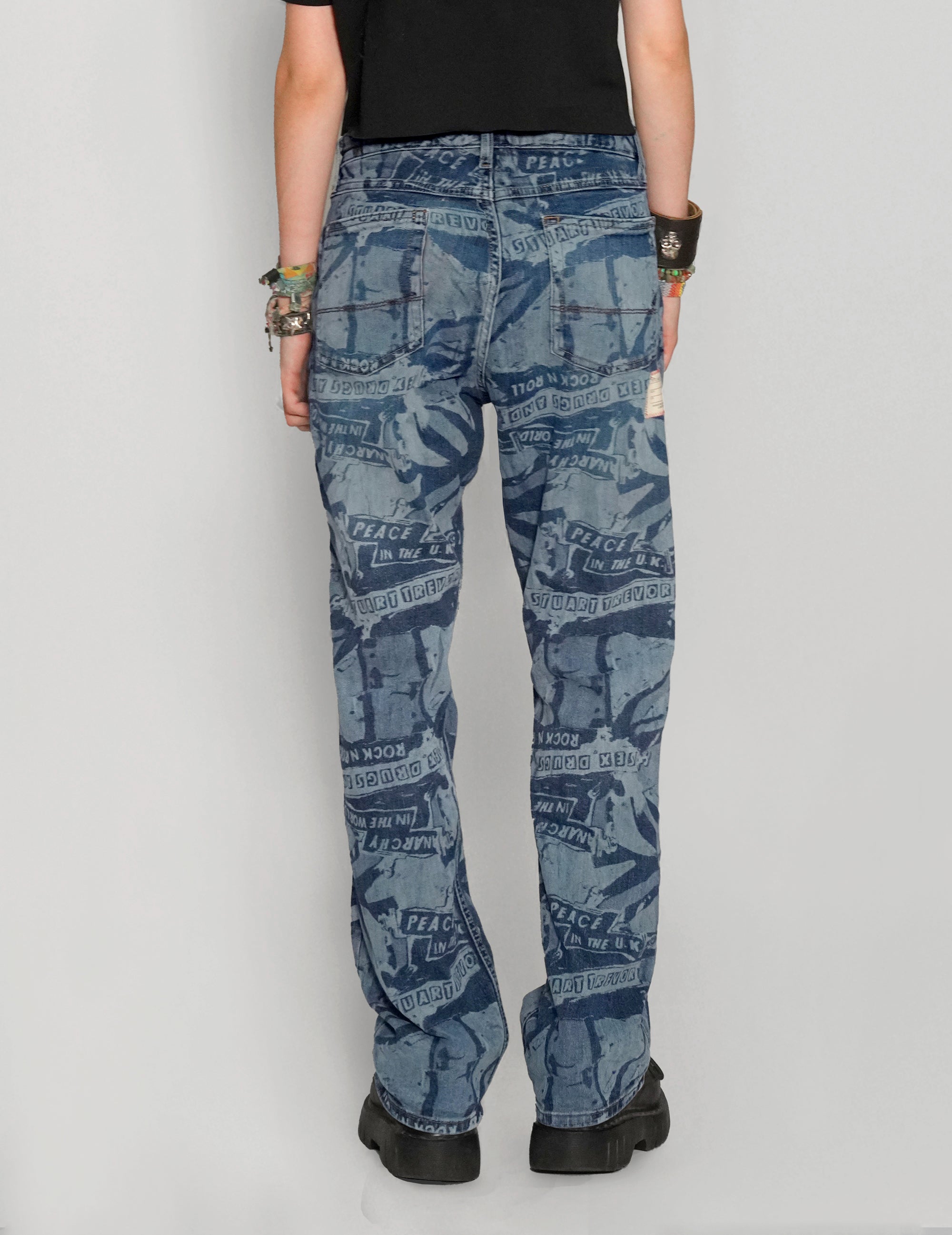 'Peace' Laser Print Jeans in Blue