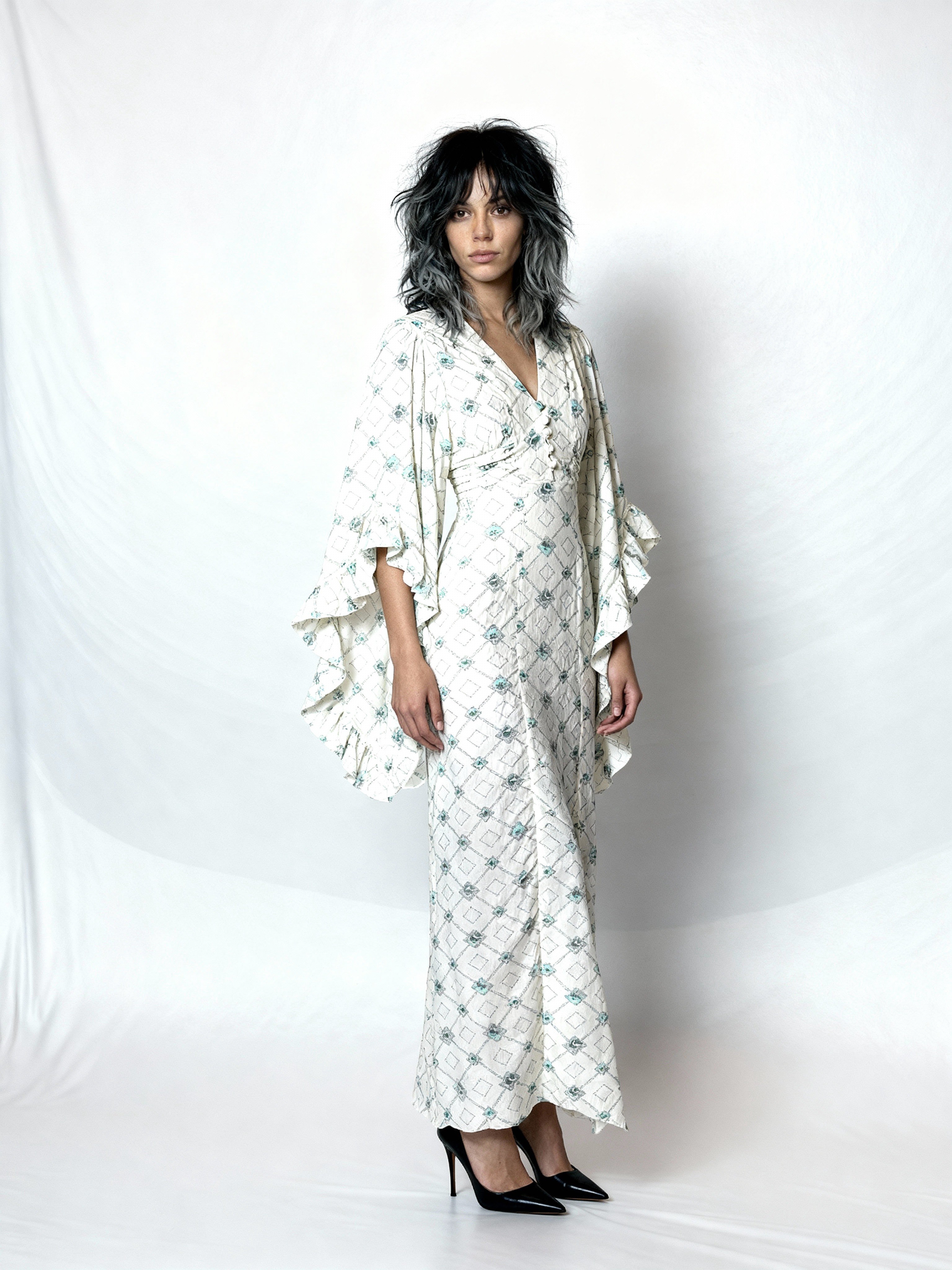 1970's Vintage Cream Printed Angel Sleeve Wedding Dress UK 8 - 14