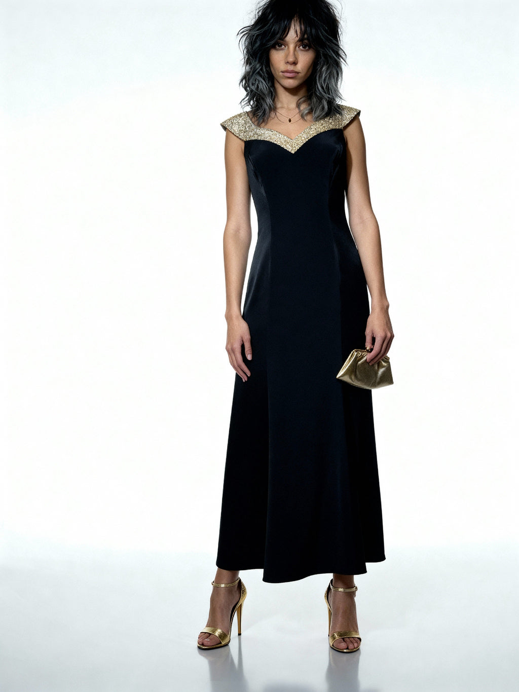 Vintage 1990's Black Crepe / Satin & Silver Beaded Dress UK 12