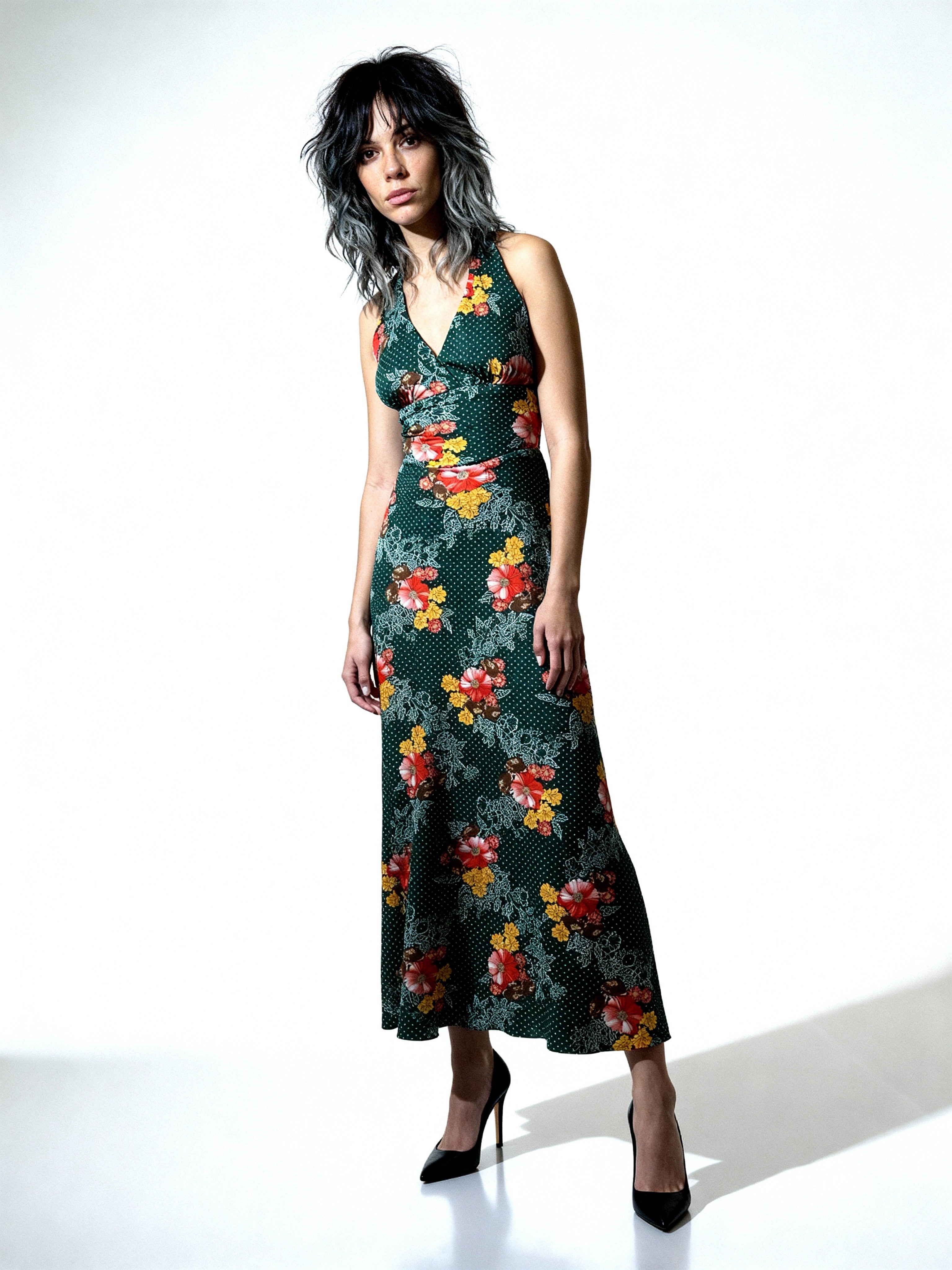 Original 1970'S Vintage Green Floral Dress Uk 8 - 10