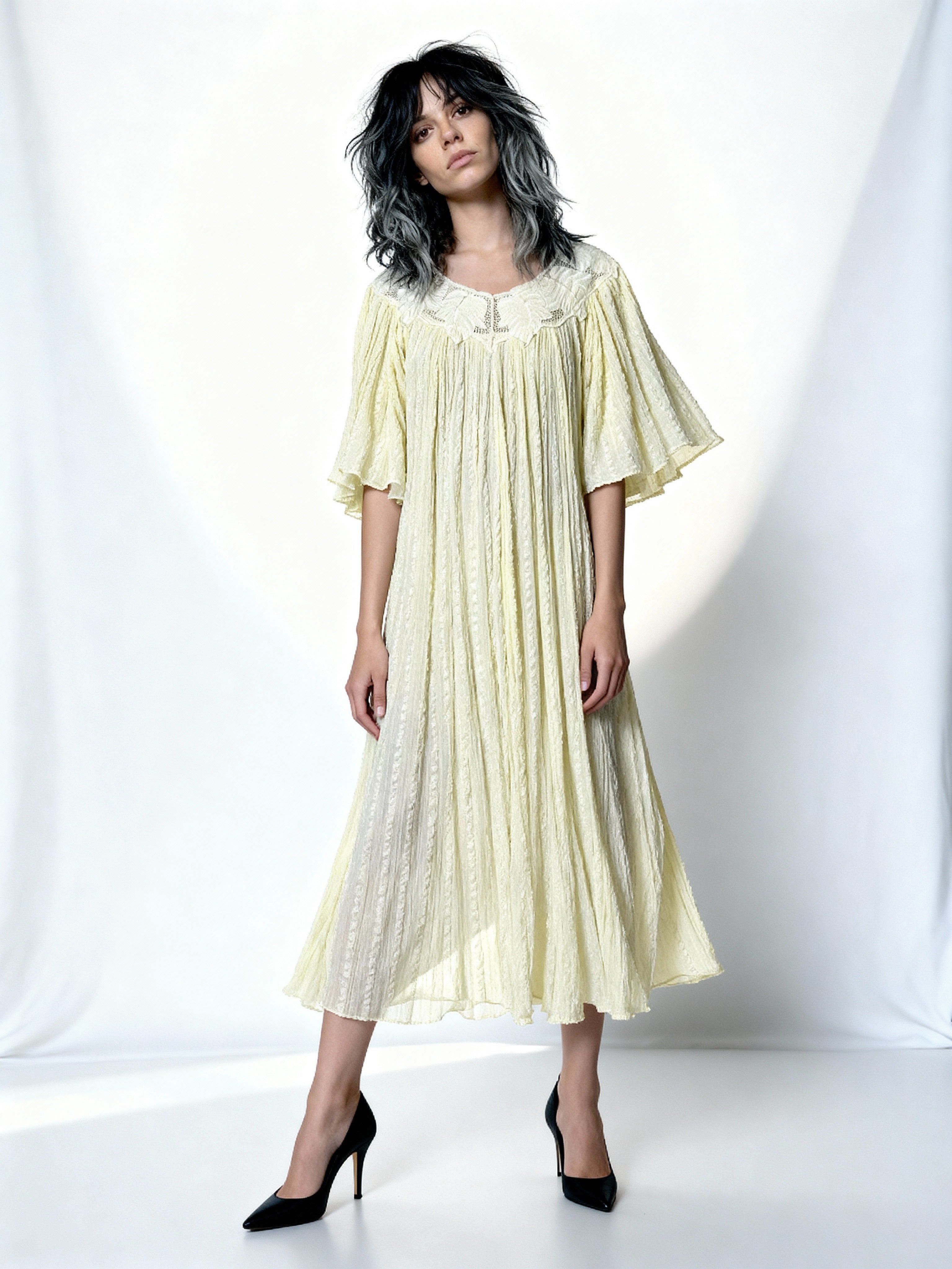 Original 1970's Vintage Cheesecloth Yellow Dress UK 8 - 12