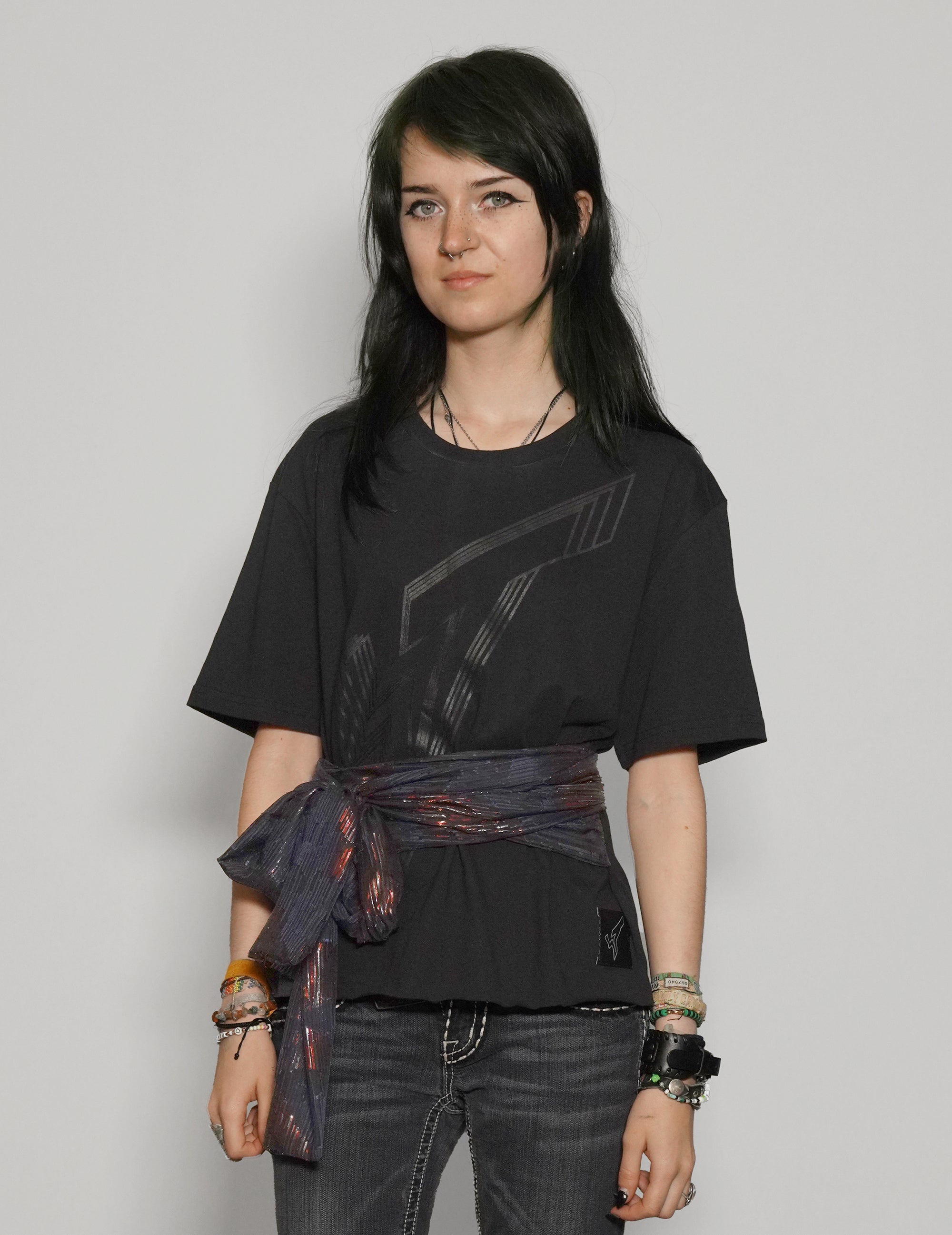 ST Lined Logo Tie-Tee in Black with Blue & Gold Tie