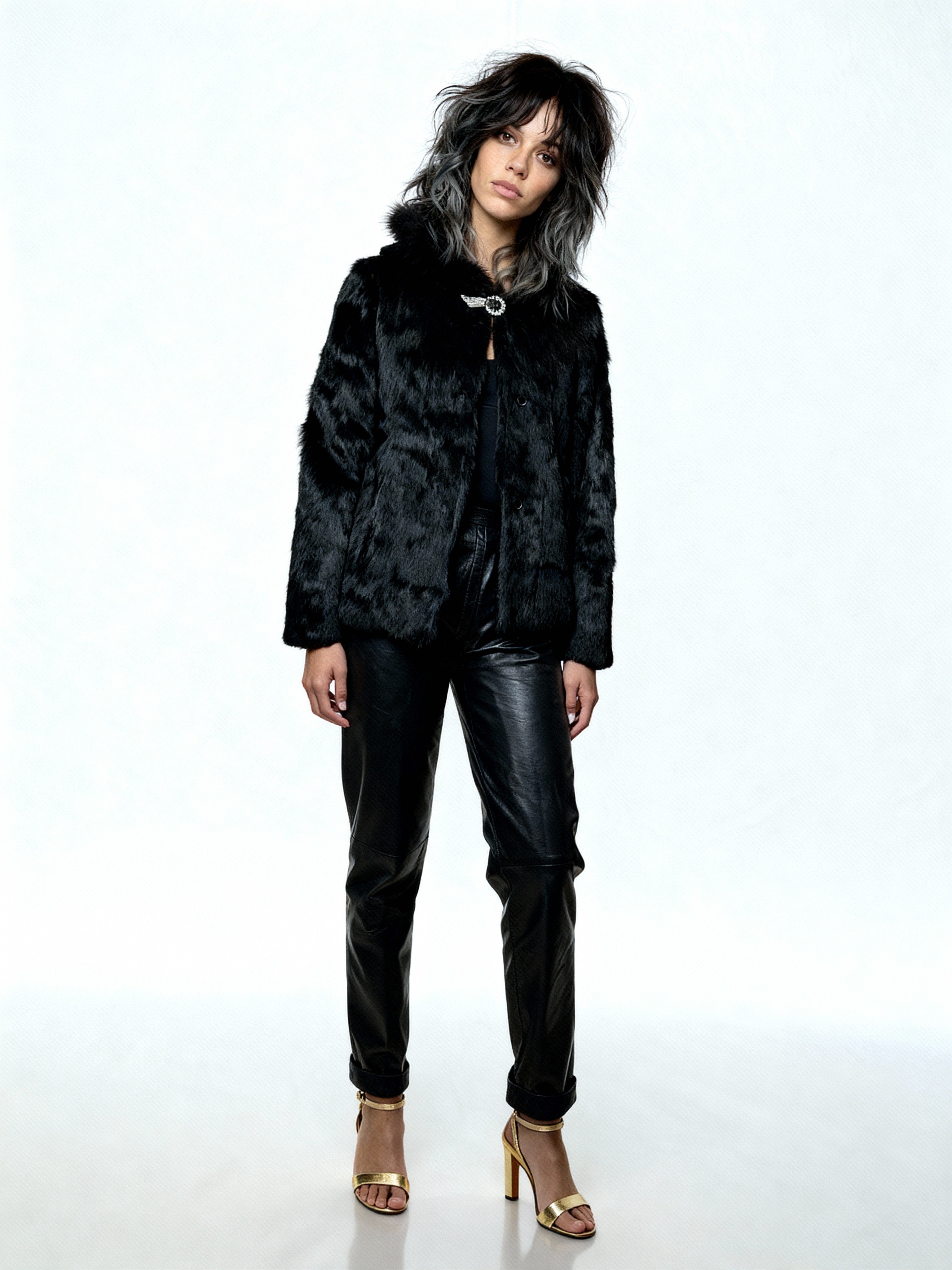 Original 1970's Vintage Black Fur Hooded Coat UK 8 - 12