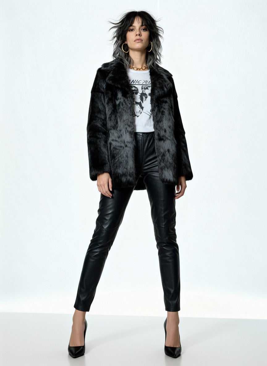 Original 1970's Vintage Black Fur Hooded Coat UK 8 - 12