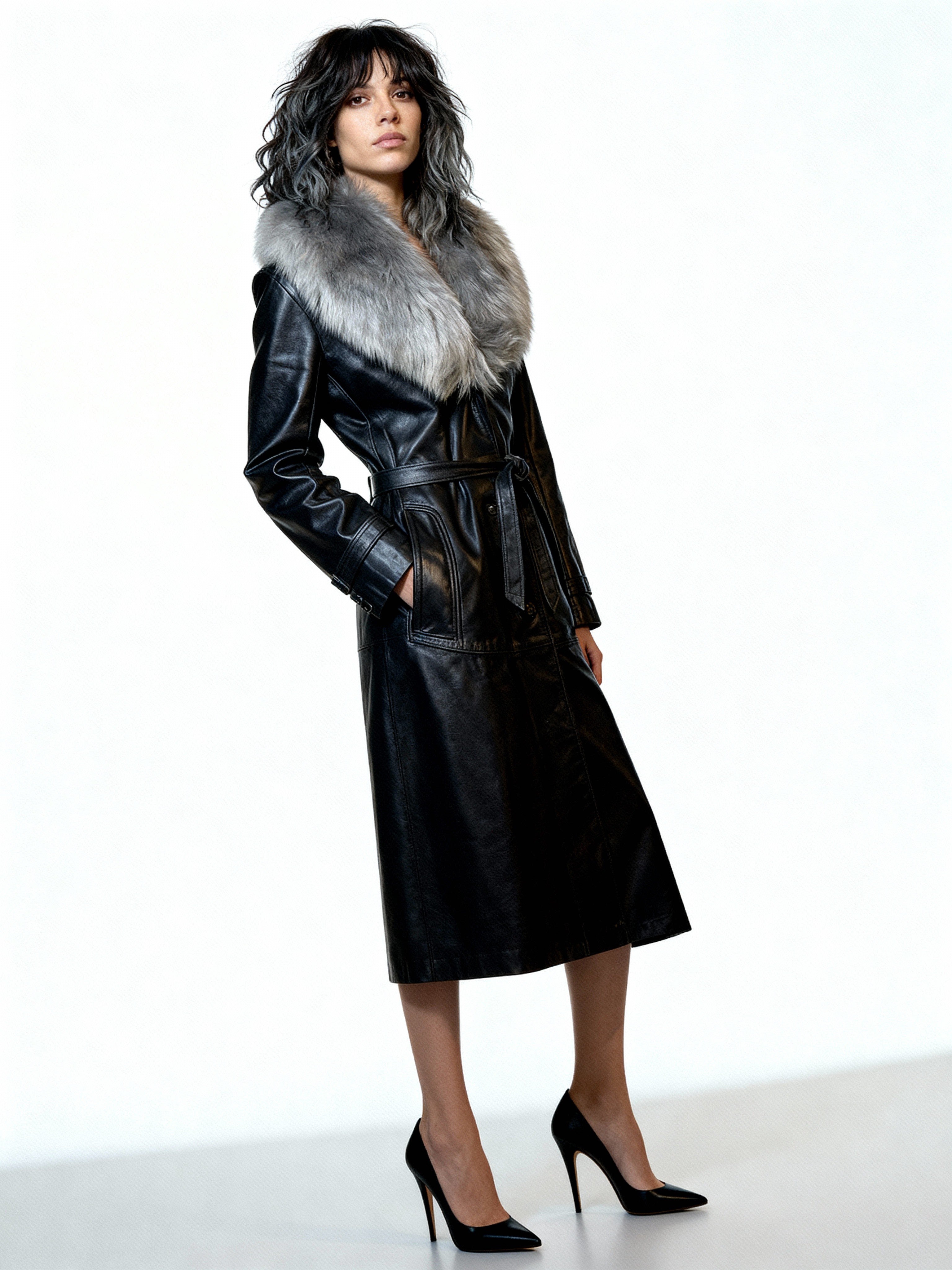 Original 1970's Vintage Black Leather & Sheepskin Coat UK 12 - 16