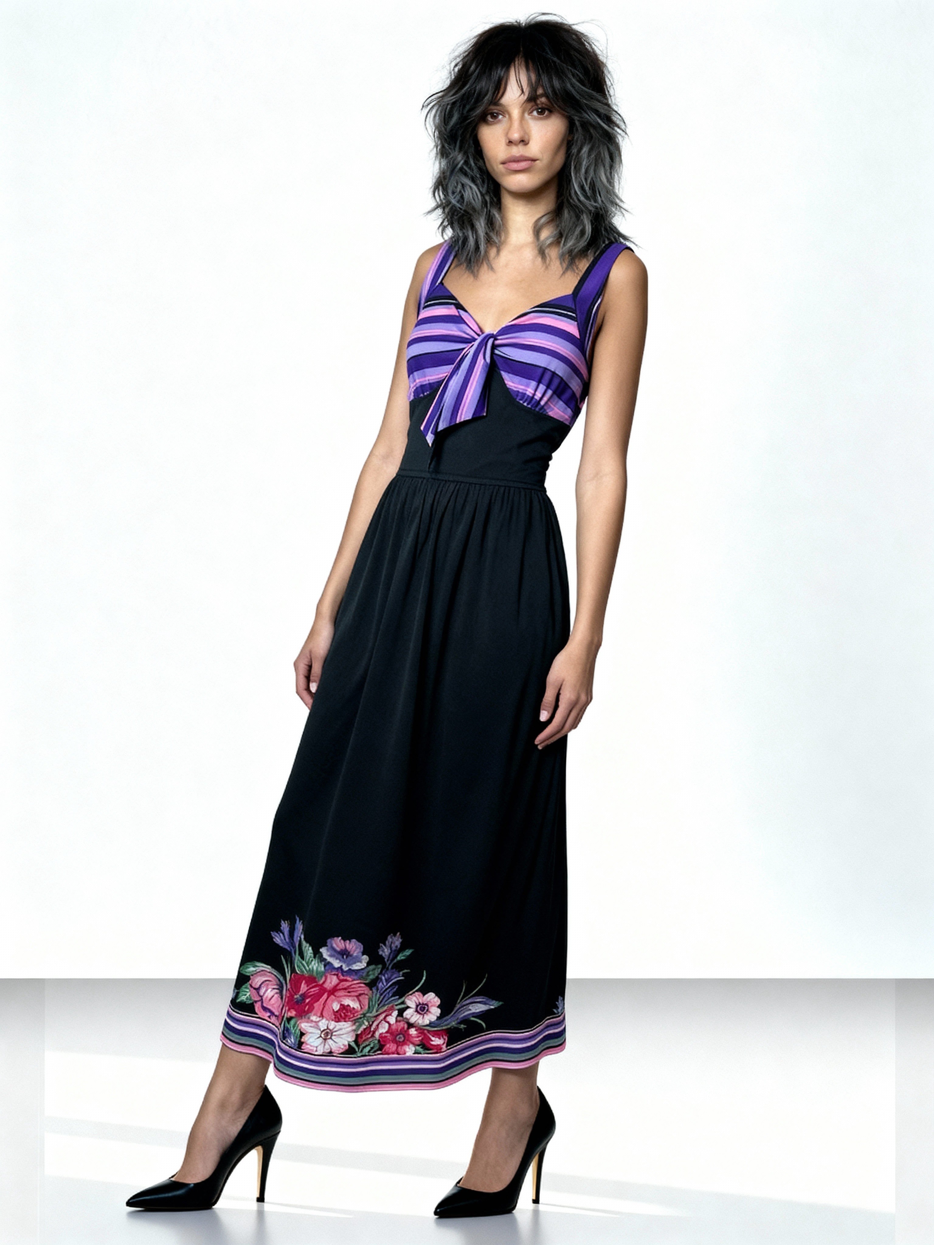 Original 1970's Vintage Black & Floral Print Maxi Dress UK 12 - 14