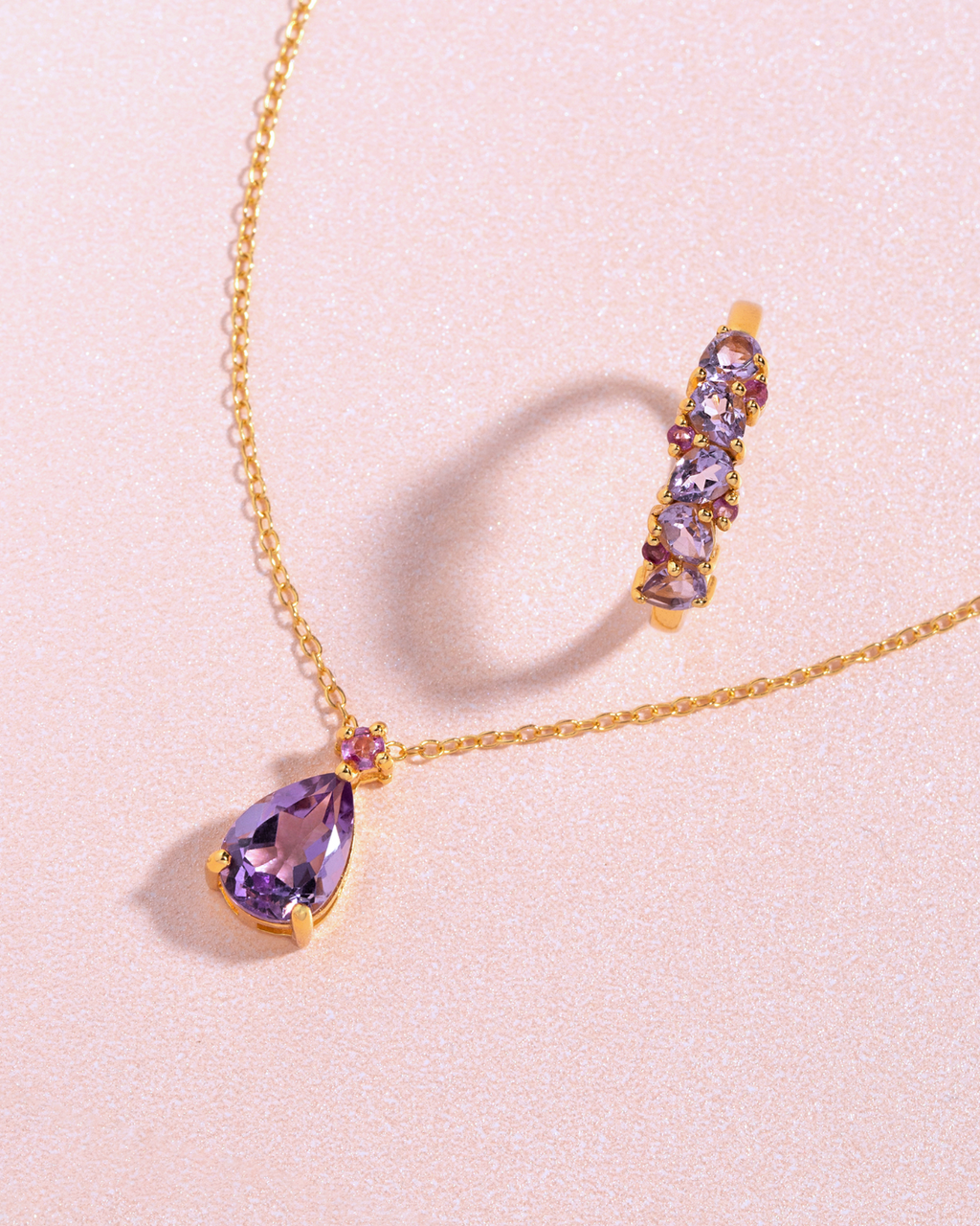 Pink Ruby & Amethyst Pear Cut Pendant Necklace in 18k Gold Vermeil