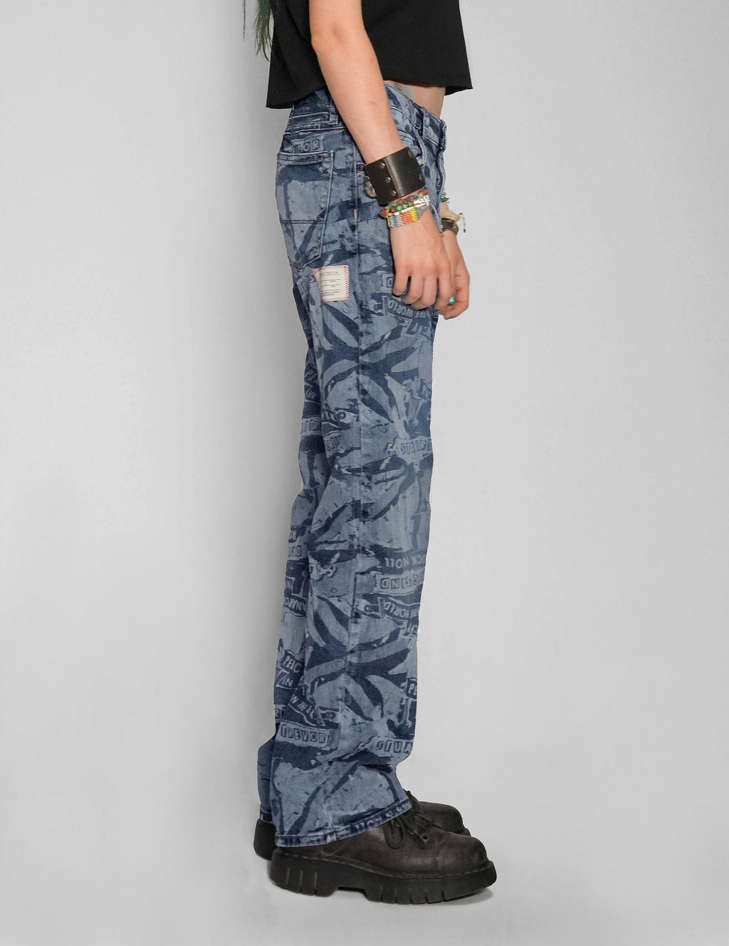 'Peace' Laser Print Jeans in Blue