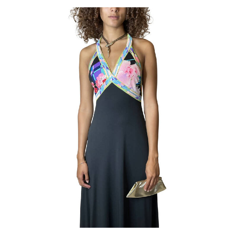 1970's Original Vintage Black Leonard Floral Print Halter Neck Dress UK 8 - 10