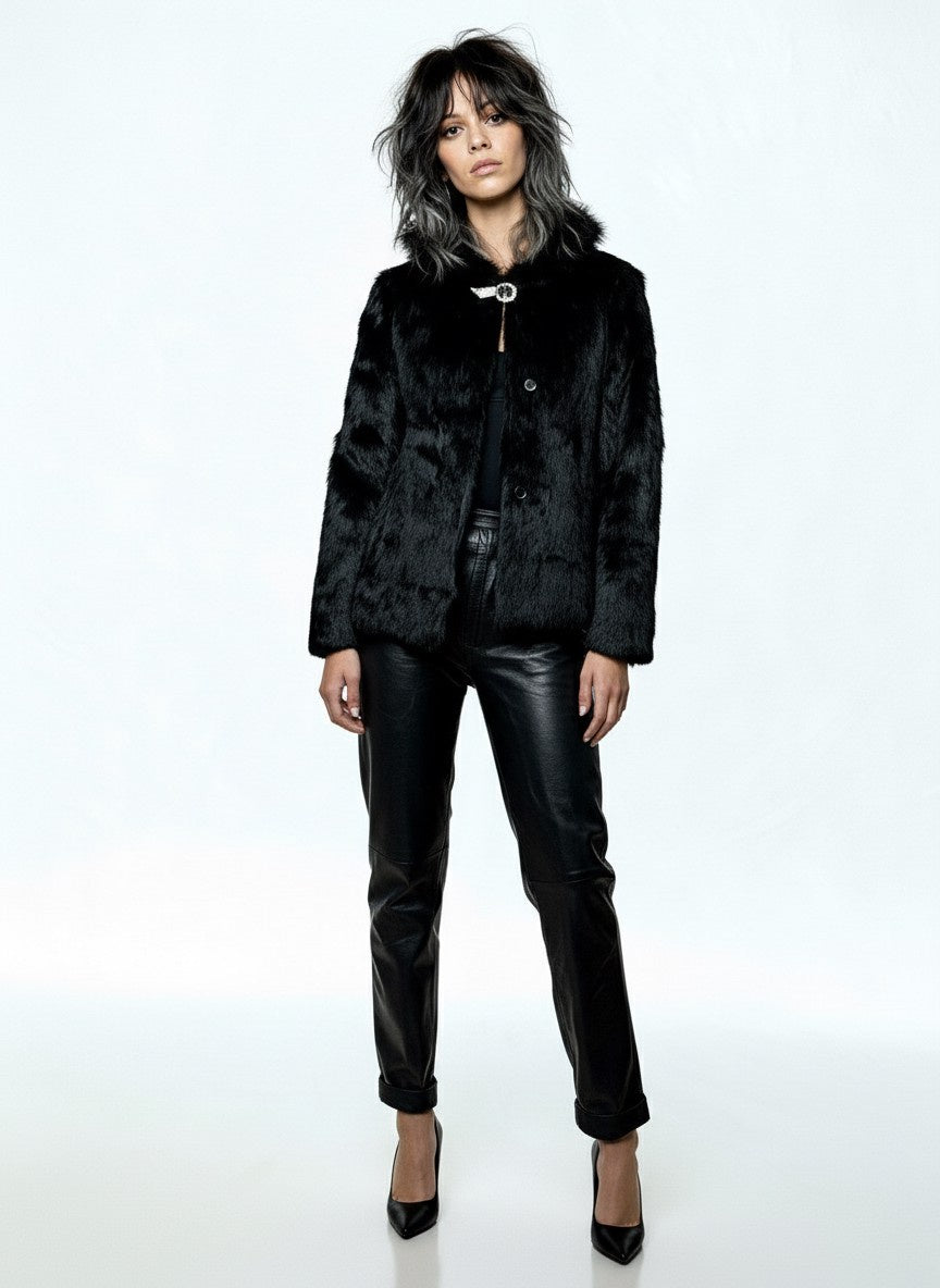 Original 1970's Vintage Black Fur Hooded Coat UK 8 - 12