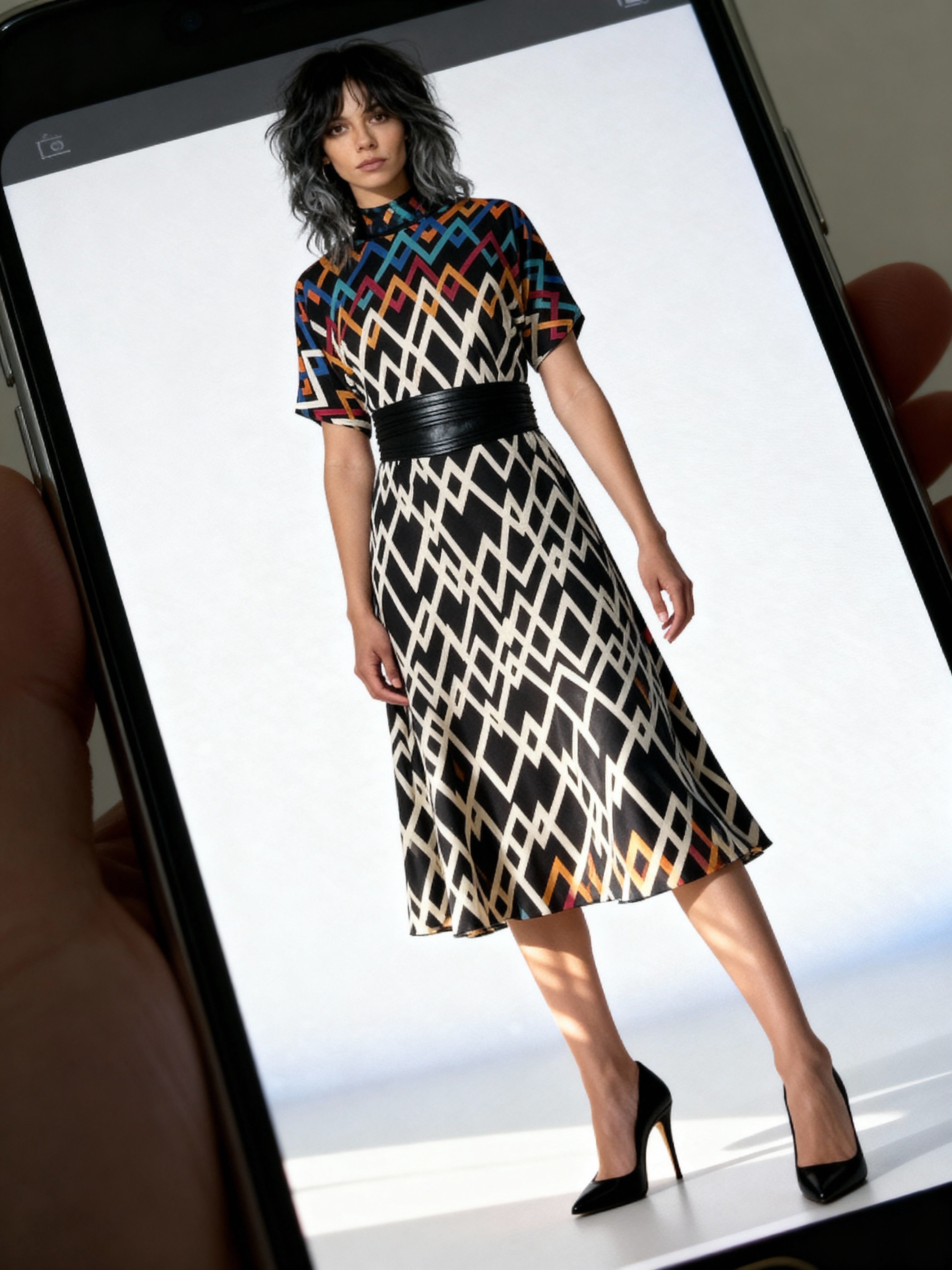 Stunning Original Vintage 1980's Virginie Paris Geometric Print Dress UK 8 - 12