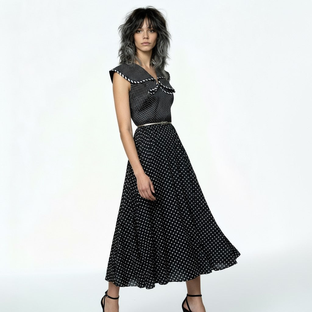 Gorgeous 1970s Vintage Black & Polka Dot Print Maxi Dress