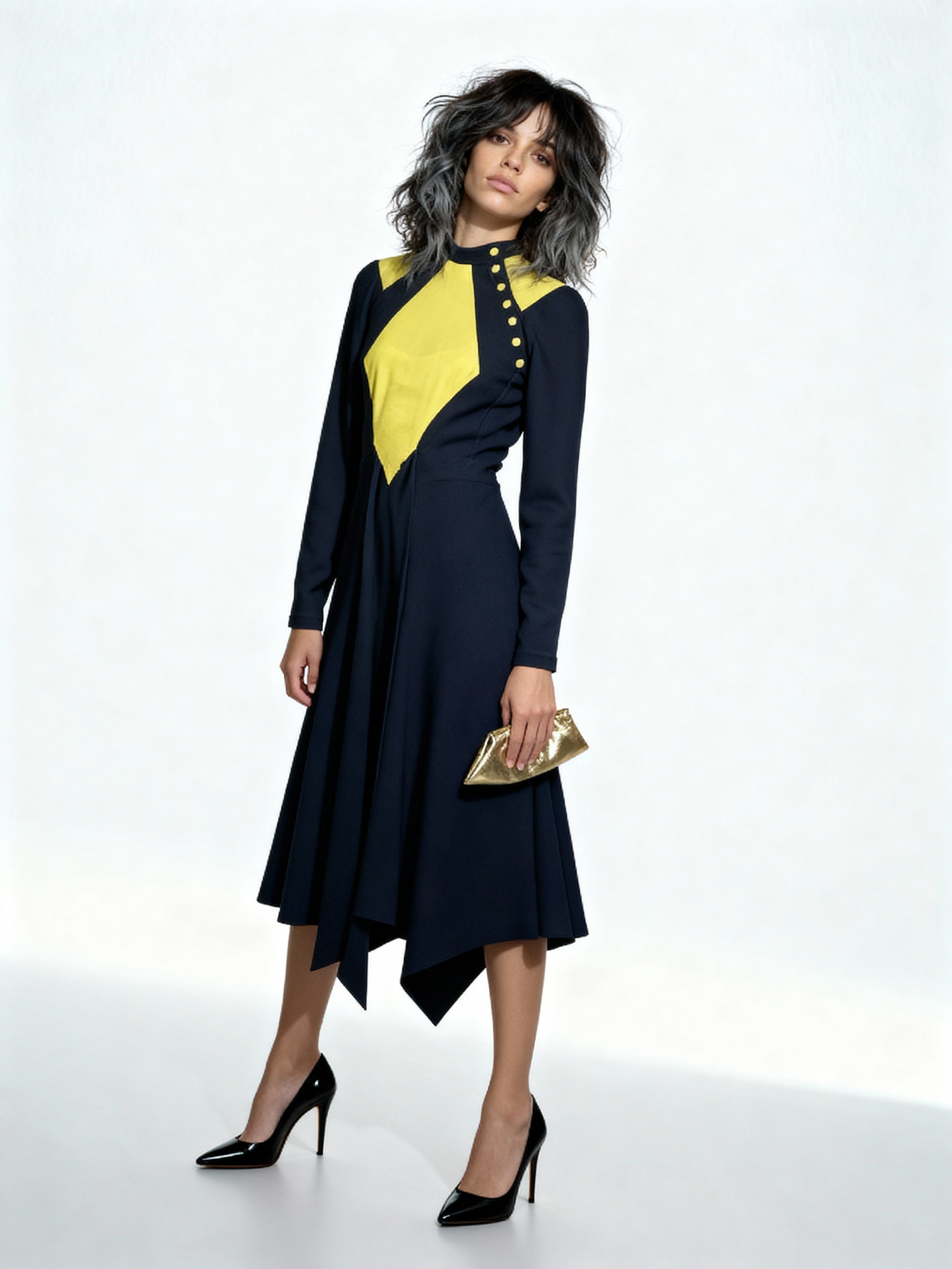 Rare Vintage 1970's Original Black & Yellow Dress Designed by Ossie Clark UK 8 - 10