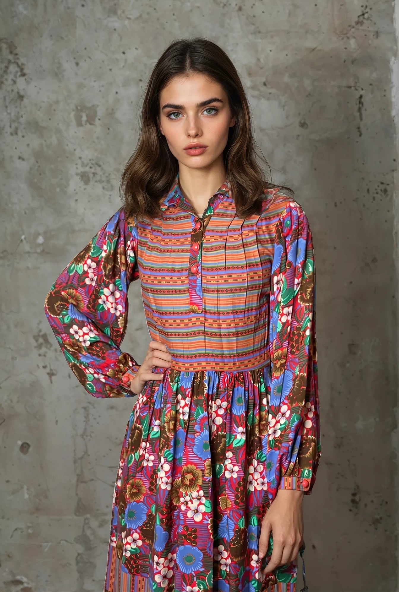 1970's Original Vintage Multi - Coloured Floral Long Sleeved Dress UK 10 - 12