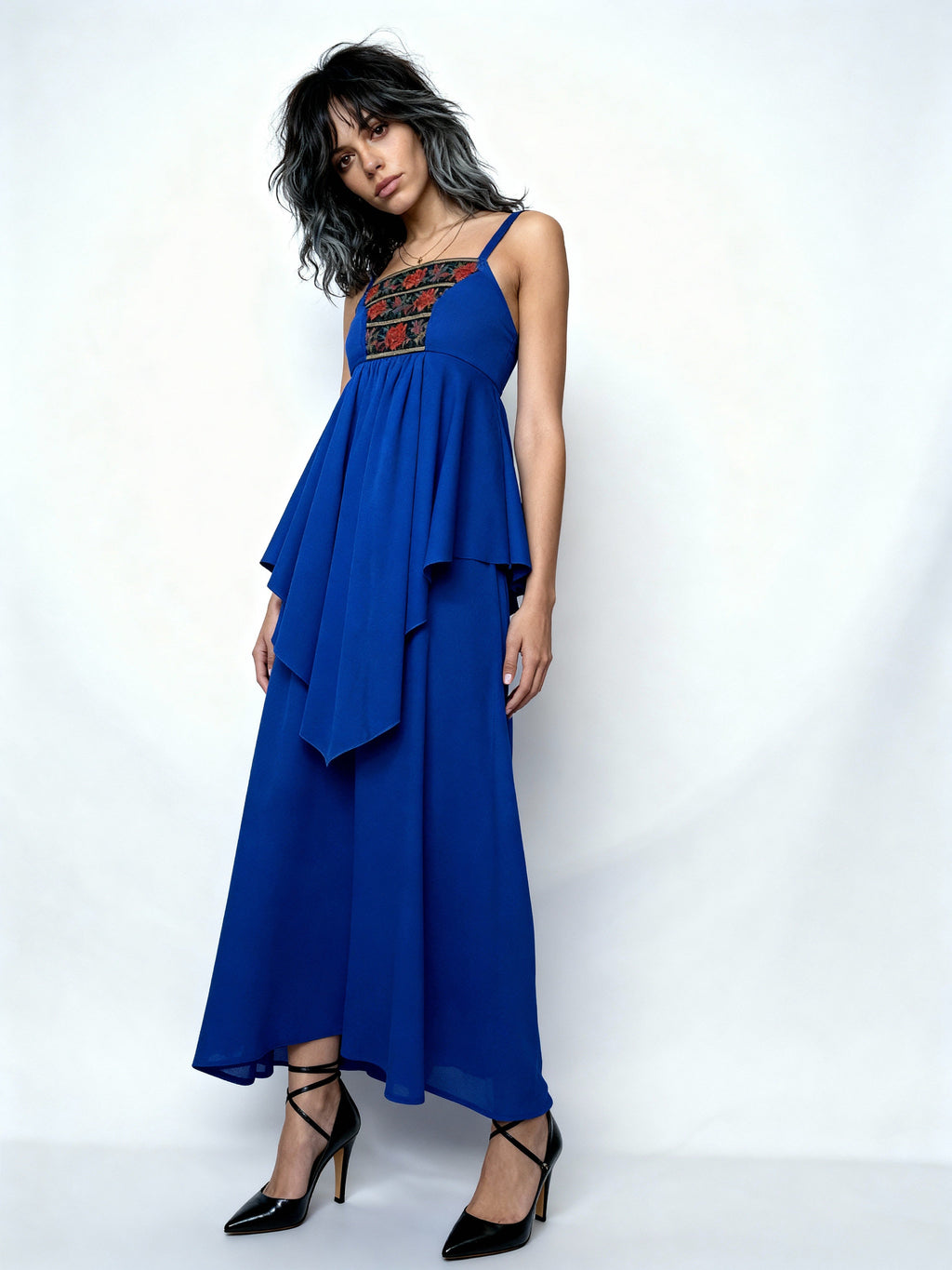 Original Beautiful 1970's Vintage Floral Trim Blue Strapped Dress UK 8 - 10