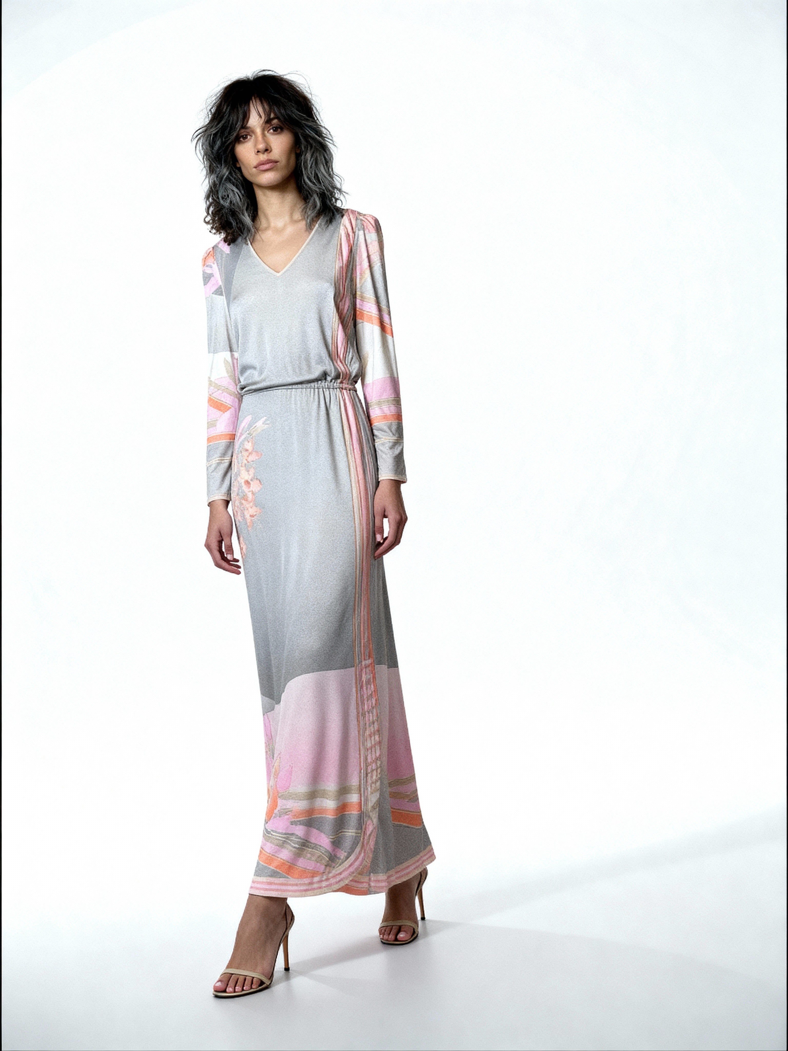 1970's Original Vintage Grey Leonard Floral Maxi Dress UK 10 -12