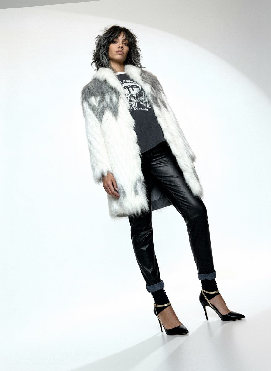 Original 1970's Vintage White / Grey Fox Faux Fur Coat UK 8 - 16