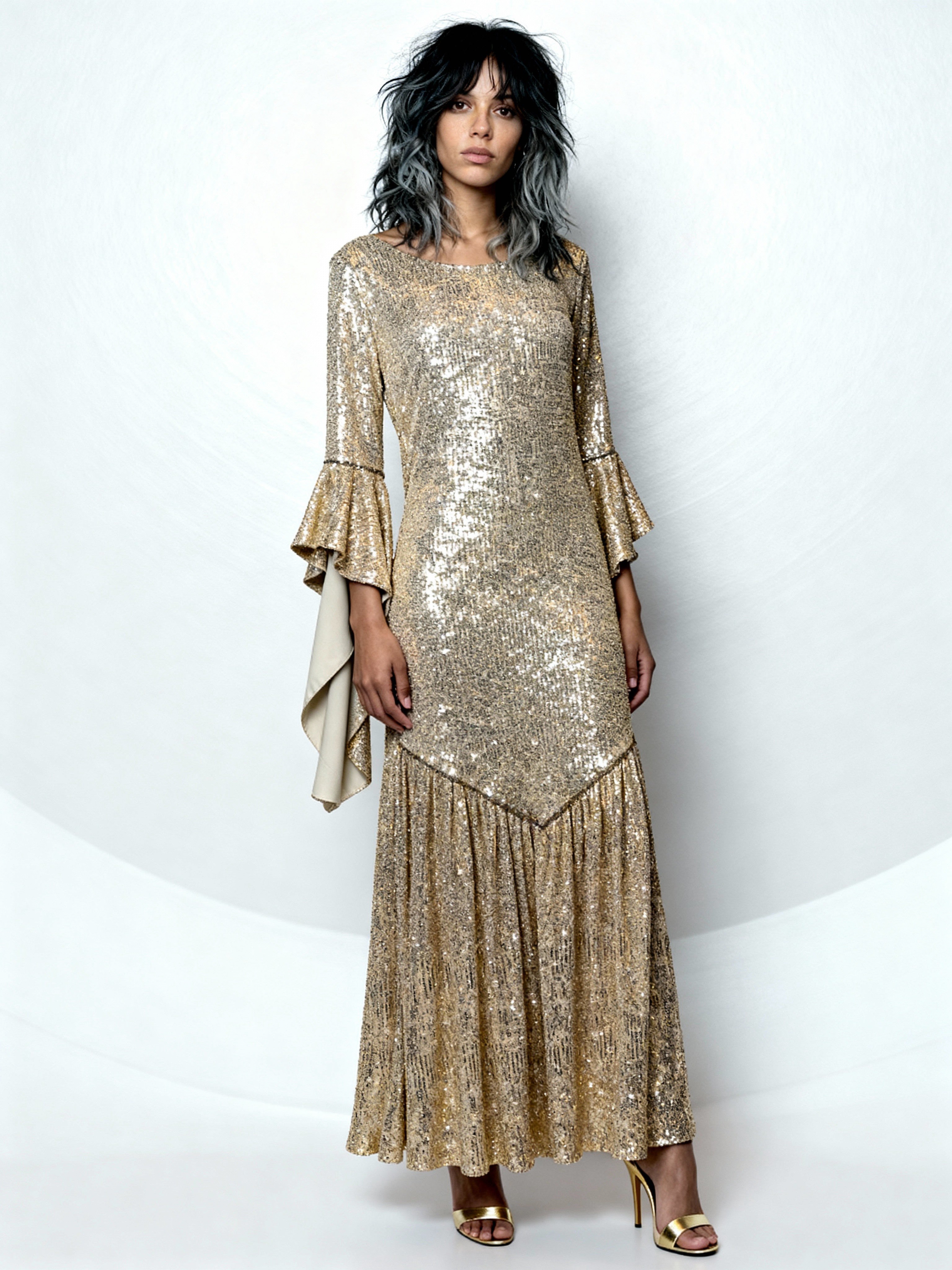 1990'S Original Vintage Gold Sequin Bell Sleeve Dress Uk 8 - 12